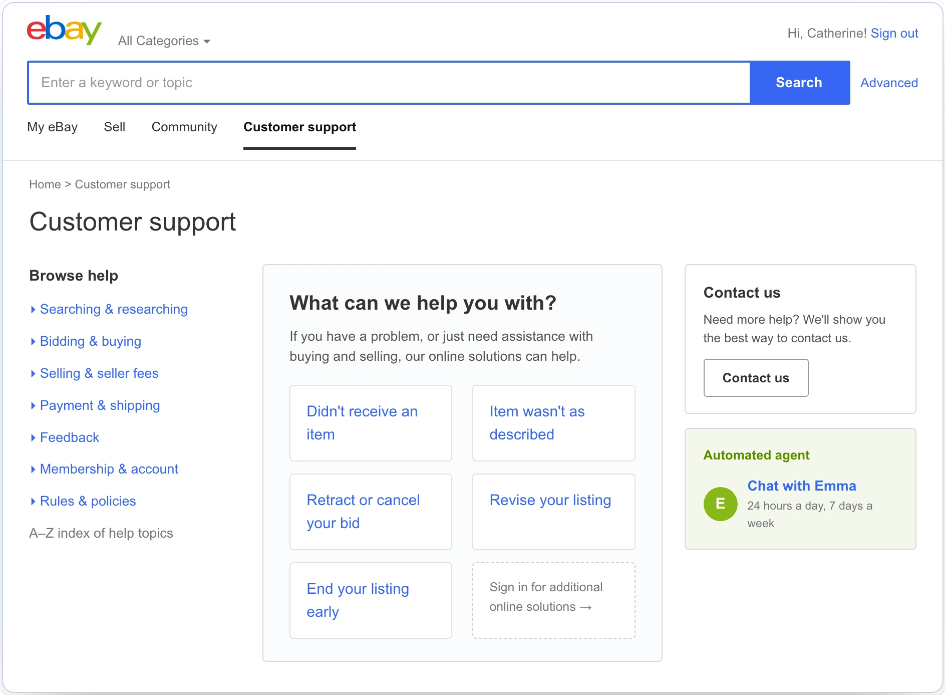 The redesigned eBay Customer Support portal: common problems dead center in a "What can we help you with?" panel, a quiet contact rail with an always-on Emma agent, and browse-help on the left — the shortest path off the phone.