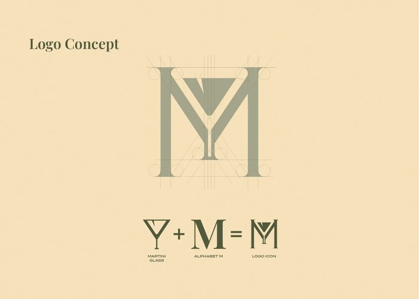 I explored several logo concepts, experimenting with food and drink-inspired elements combined with different treatments of the letter “M.” After reviewing multiple options, the final design was chosen: a clean, modern logo where a martini glass is cleverly integrated in the negative space of the initial “M.”