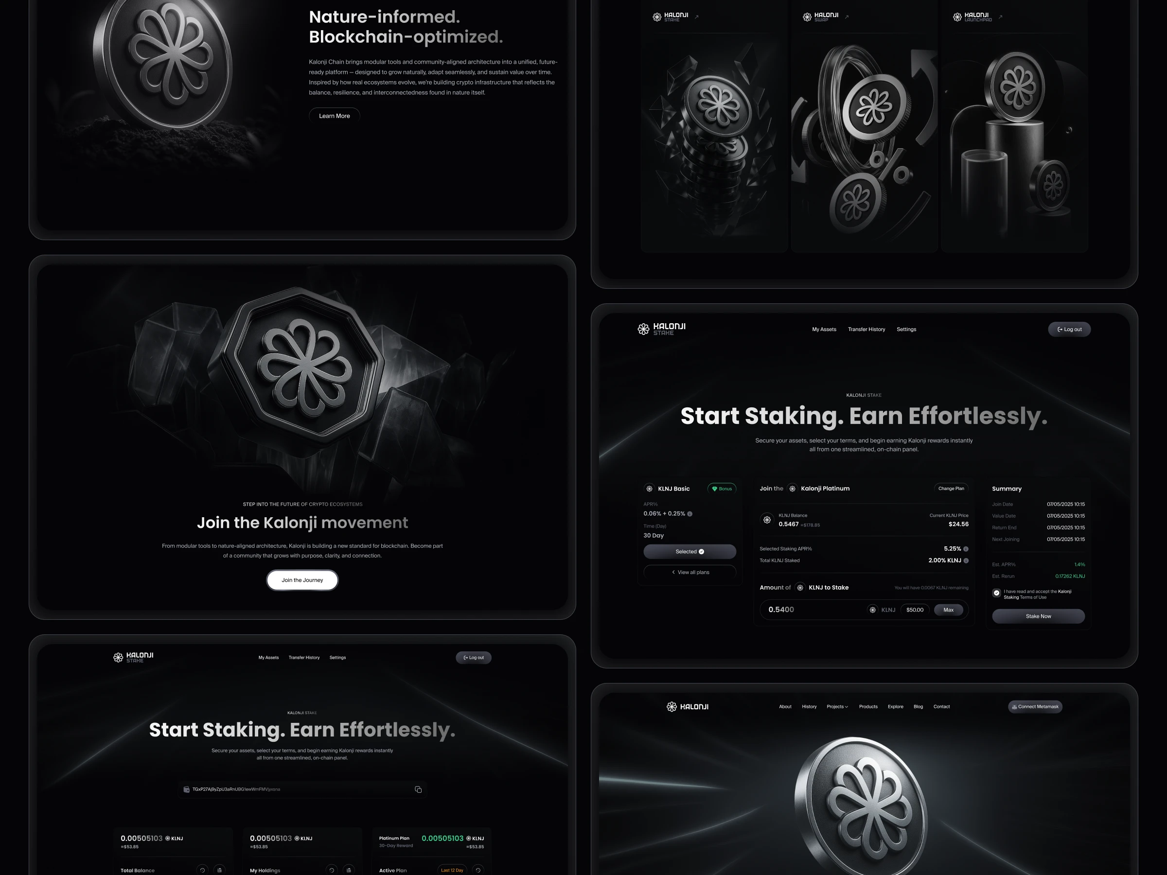 A curated glimpse into the Kalonji ecosystem — from modular branding to interactive staking dashboards — showcasing our consistent visual language, utility-first UI design, and fully in-house creative execution.