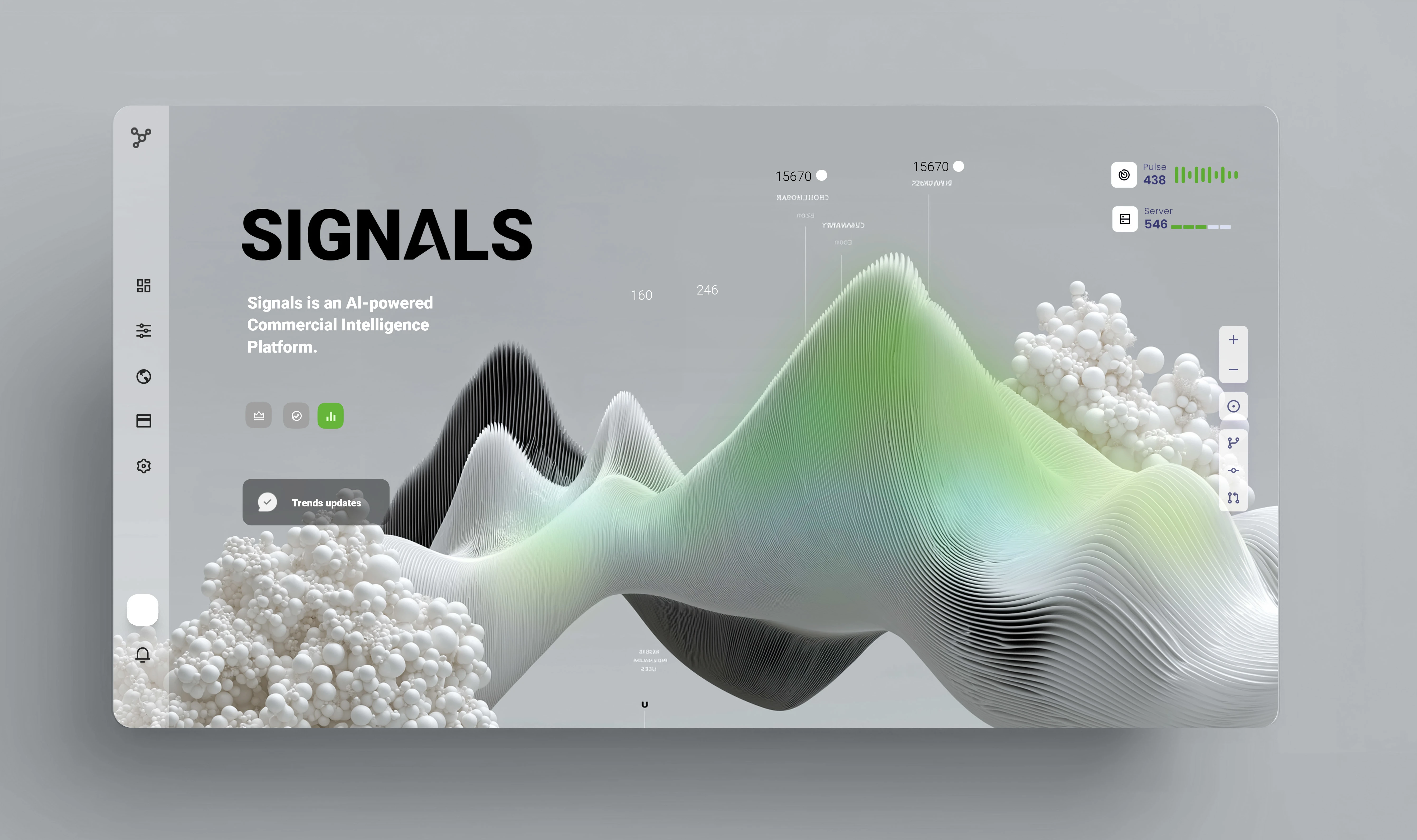 Exploration of how complex signals can be expressed as living terrain. Peaks and clusters represent emerging patterns, while the gradient flow shows how insights move through the system. This direction helped define the platform’s metaphor for clarity and opportunity discovery.