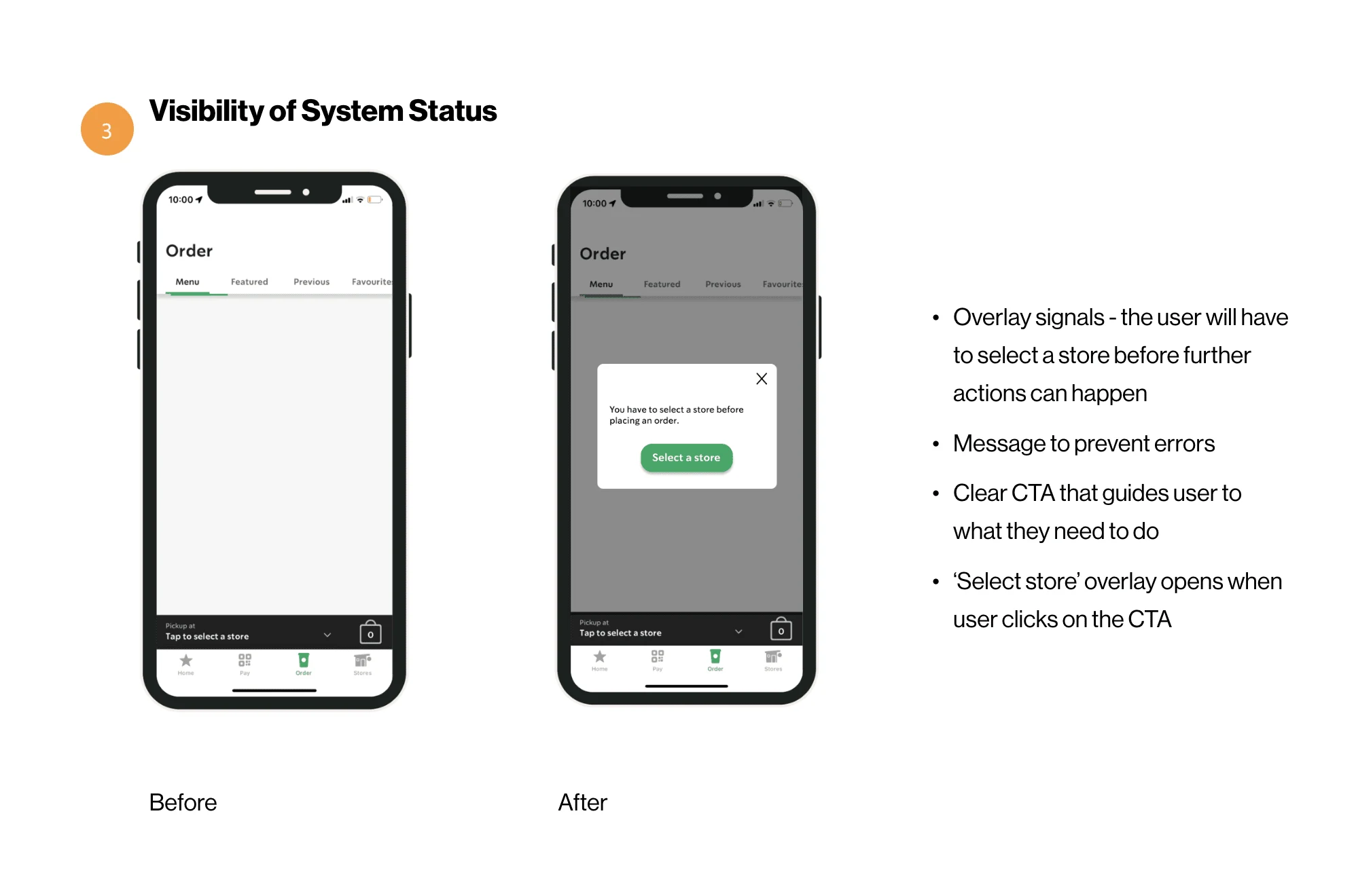 Rating of 3 (major problem for Visibility of system status: The system should always keep users informed about what is going on, through appropriate feedback within a reasonable amount of time. Redesign demonstrates solution.