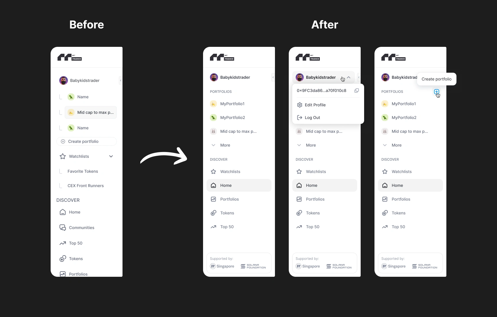 Before → After: Cleaner left-side navigation with improved hierarchy and clearer profile actions.