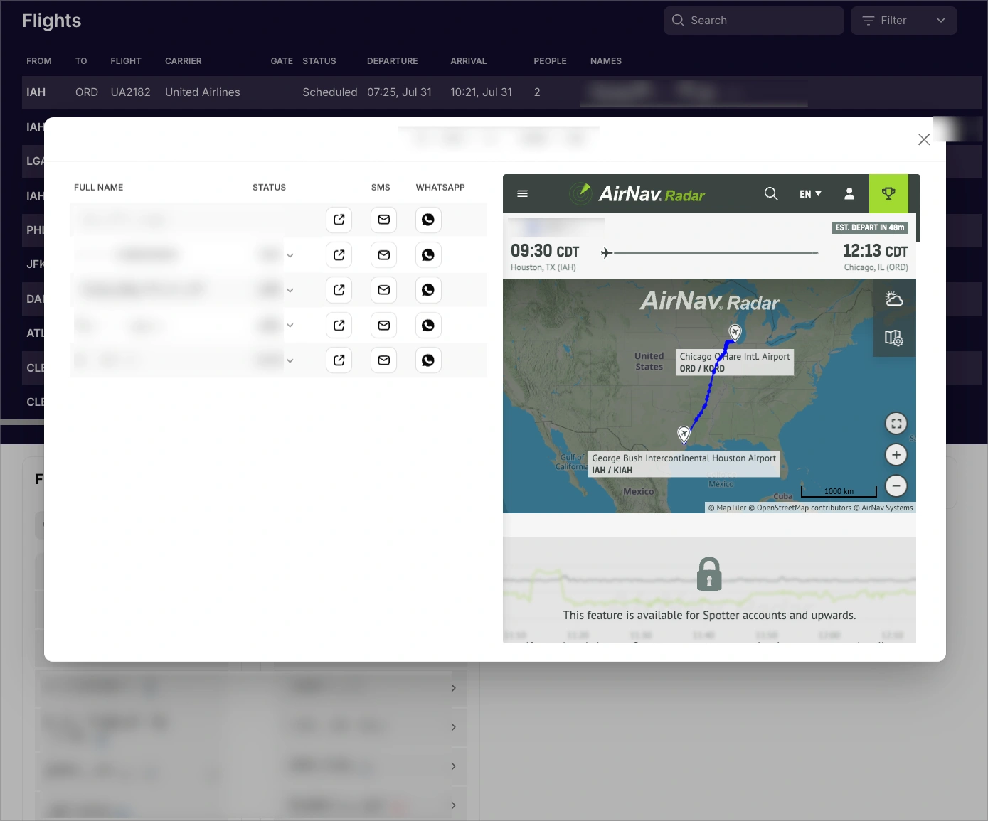 For each flight, planners could instantly view all associated travelers and monitor real-time flight status via live radar tracking