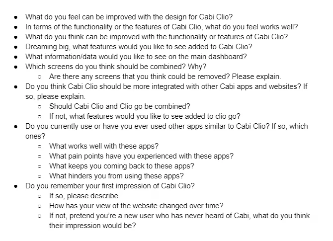 A selection of questions from our interview script for cabi stakeholders.