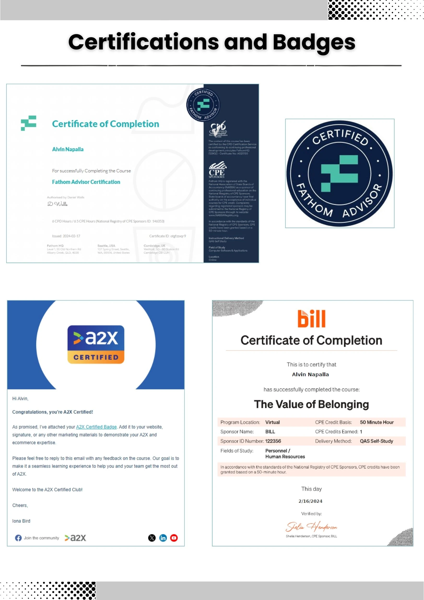 Fathom and A2X Certificates