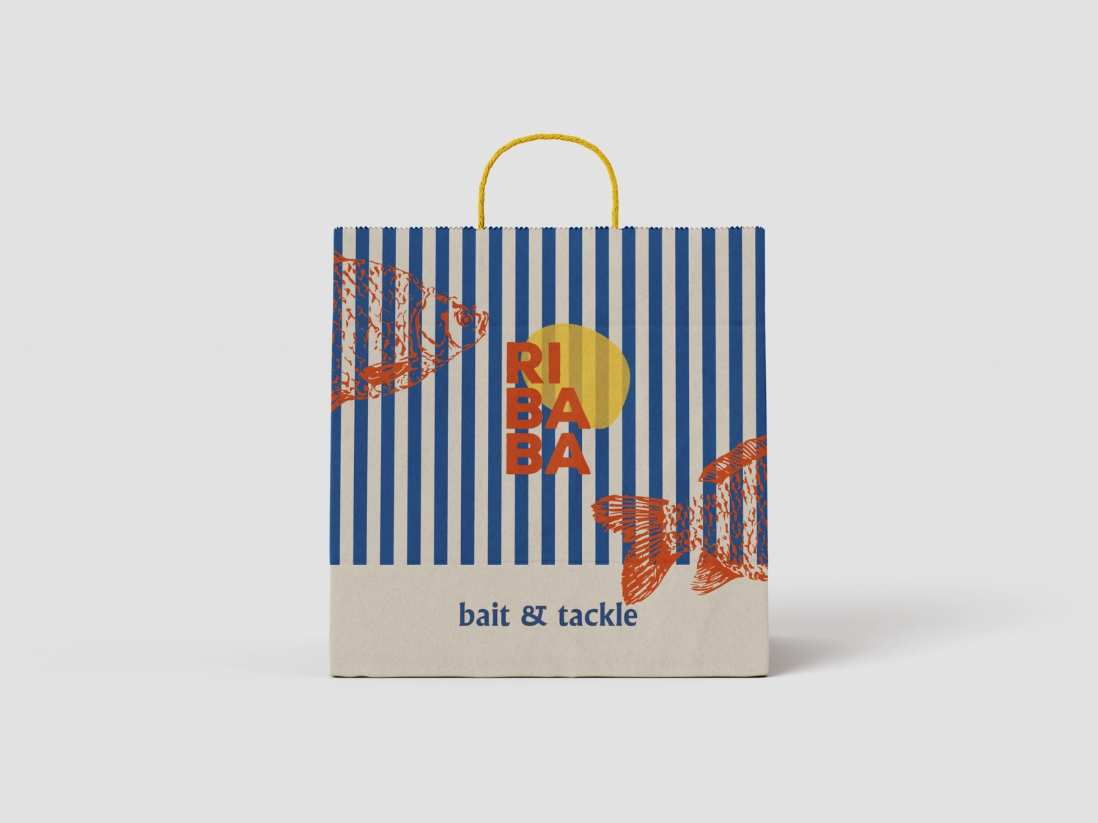 The large paper bag features one of the key illustrations: a carp. The fish are positioned in a way that mimics their natural movement. The logo appears paired, again, with the boilie-inspired background — this time in a fresh brand color variation. A standout element in this design is the addition of blue stripes, adding a playful flair and a subtle maritime feel.