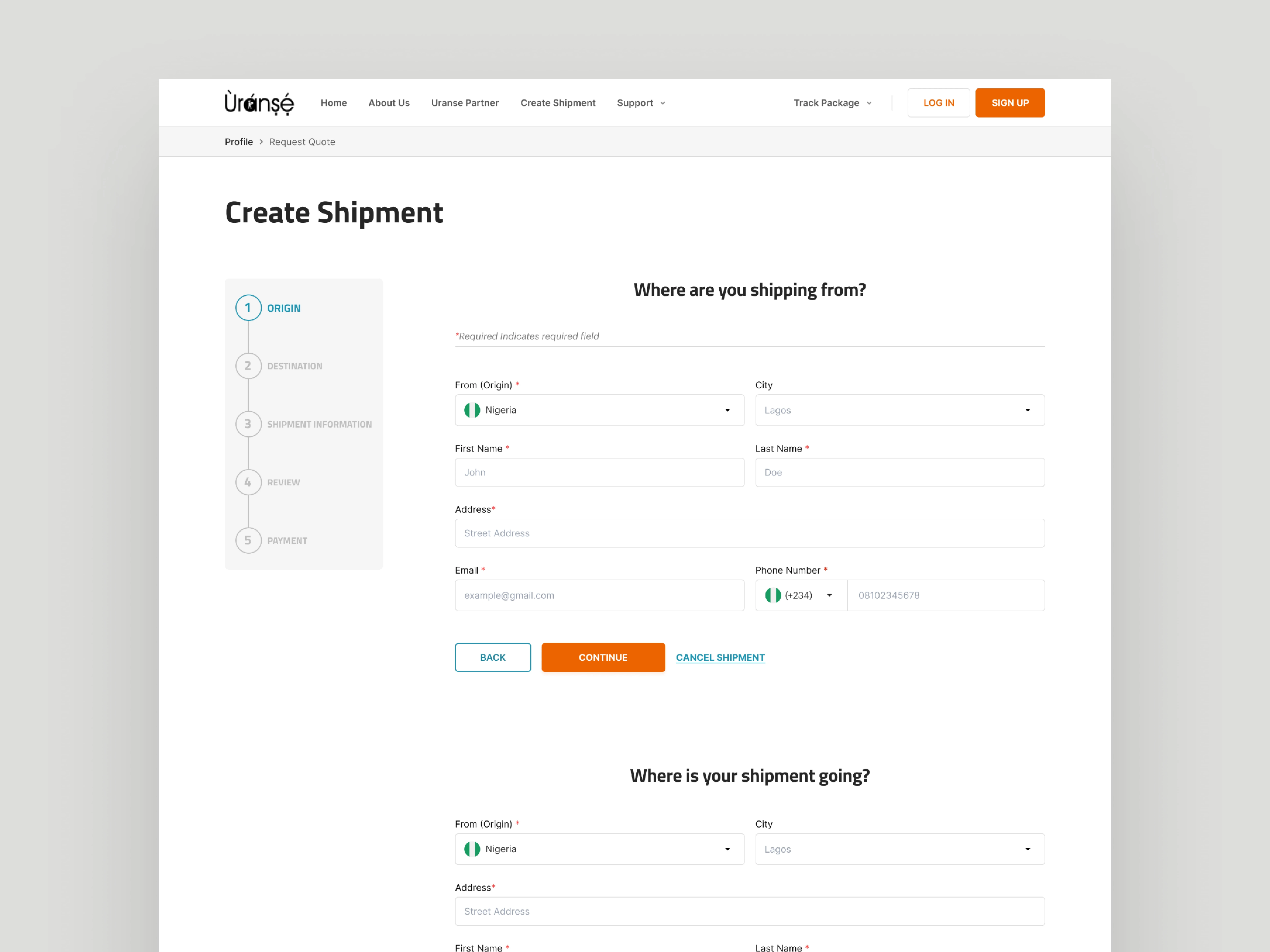 Create Shipment Form