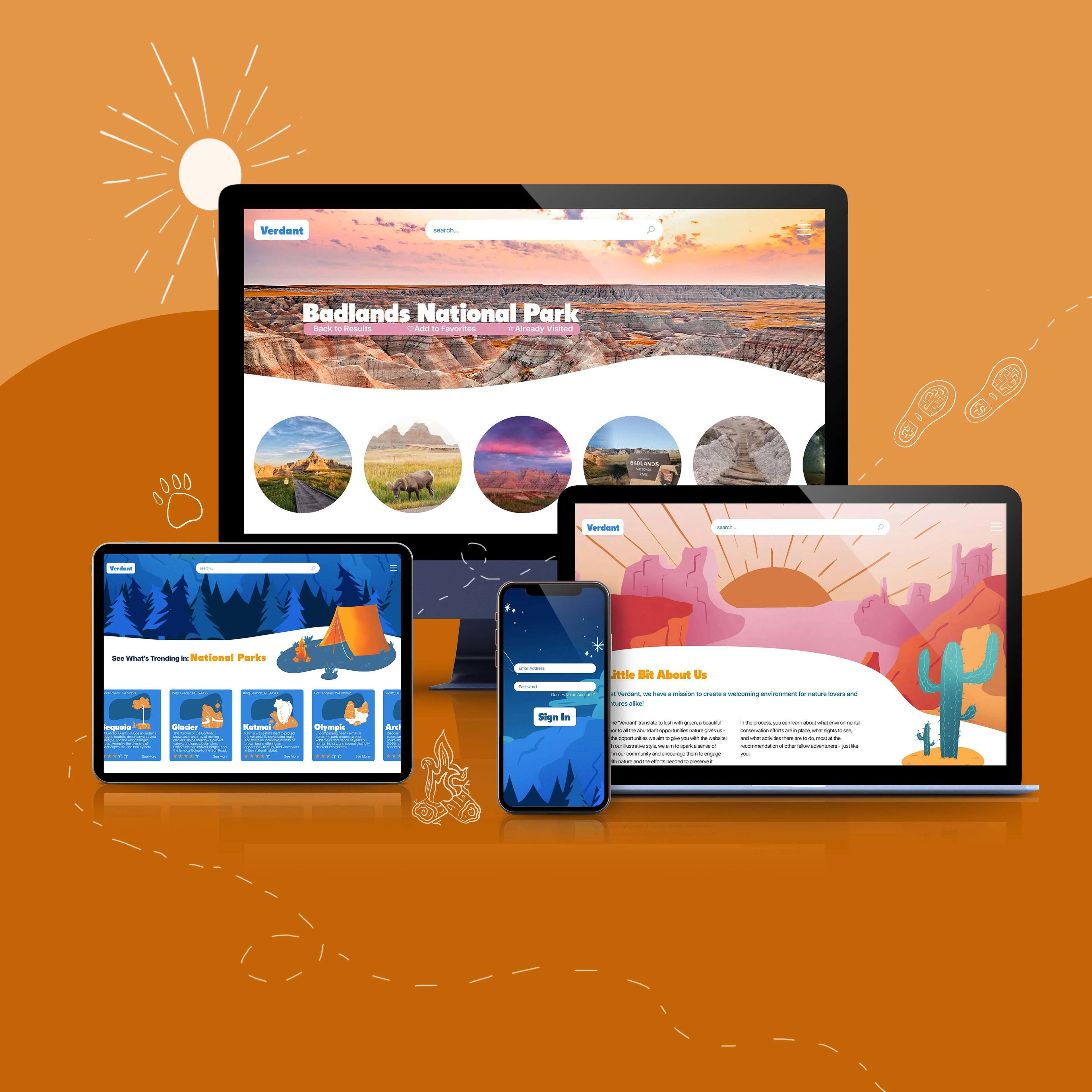 Mockup of the sites main pages (Park Page (Top), Landing Page (Bottom Left), App Sign-in (Bottom Center), About Page (Bottom Right)