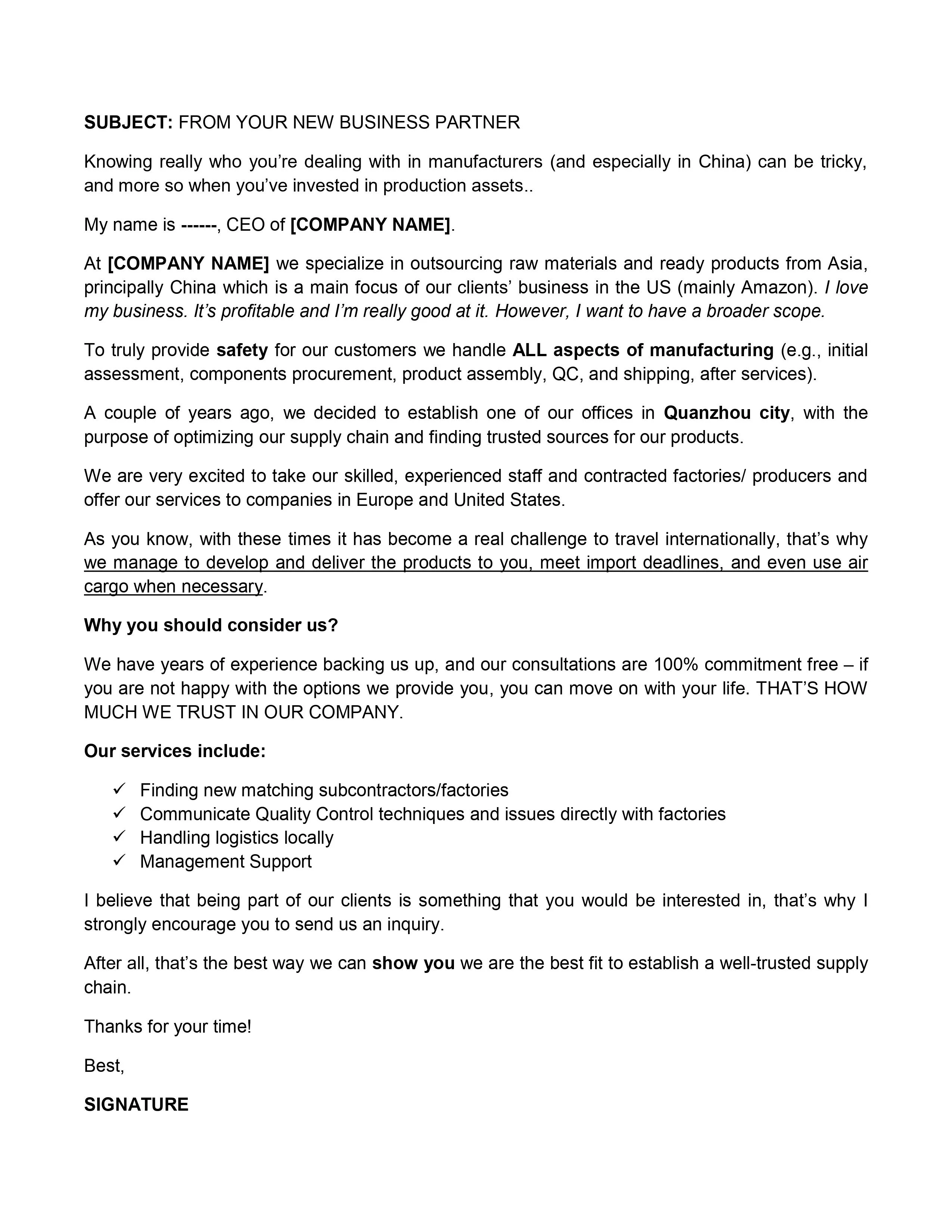 Cold email for a manufacturing company