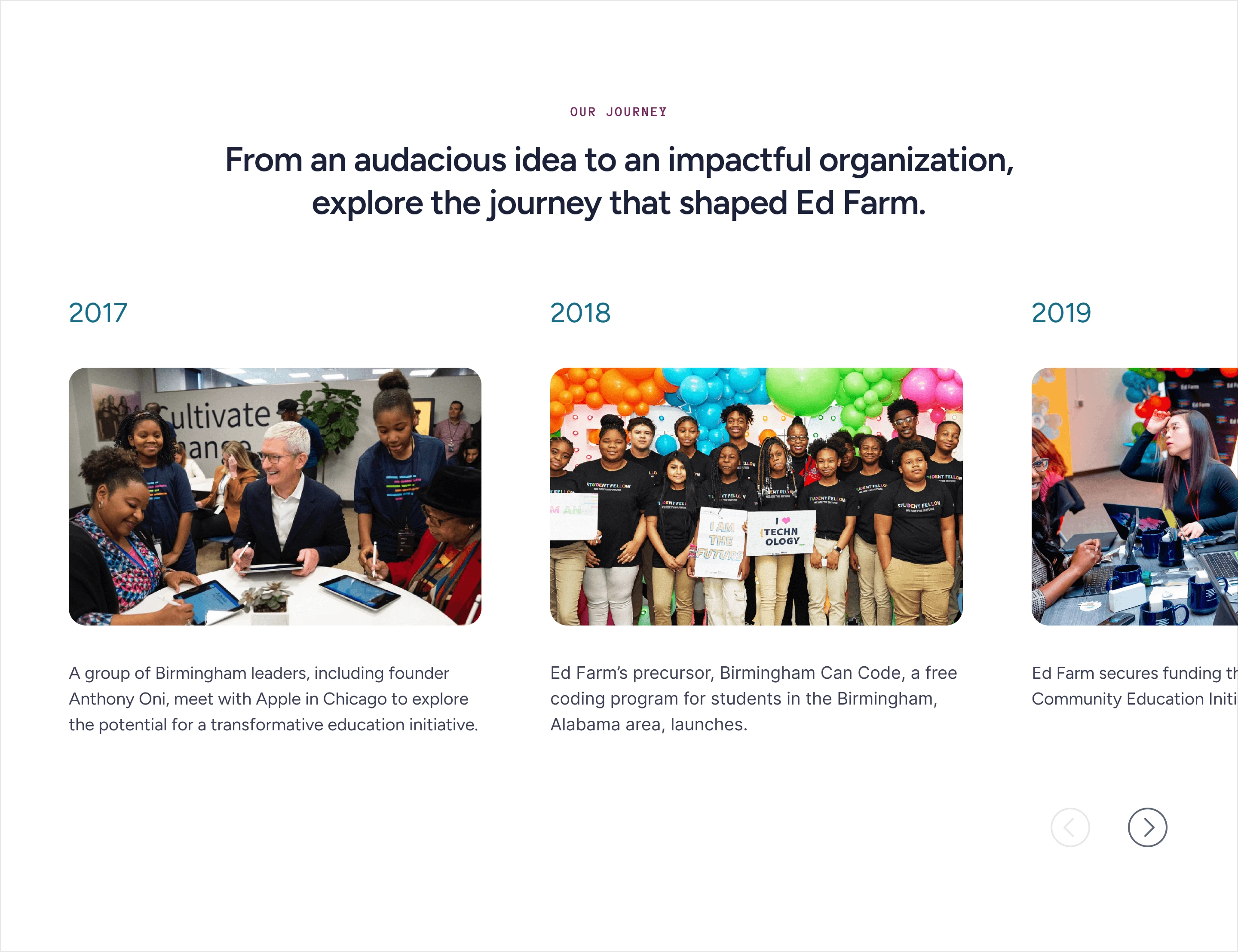 Turning the organization's history into a more scannable story of growth.