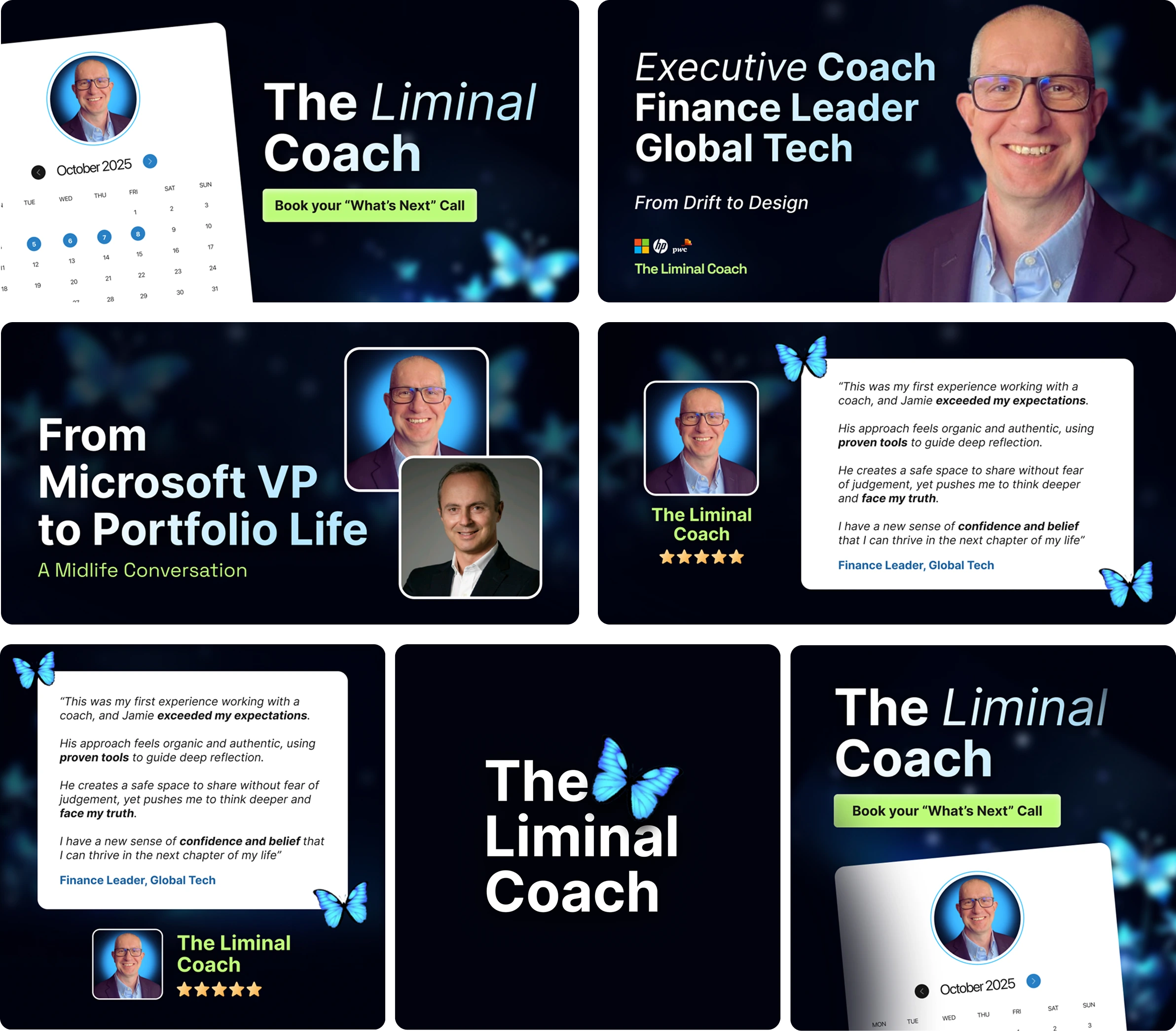 Four featured section visuals that tell his story and invite trust at a glance.