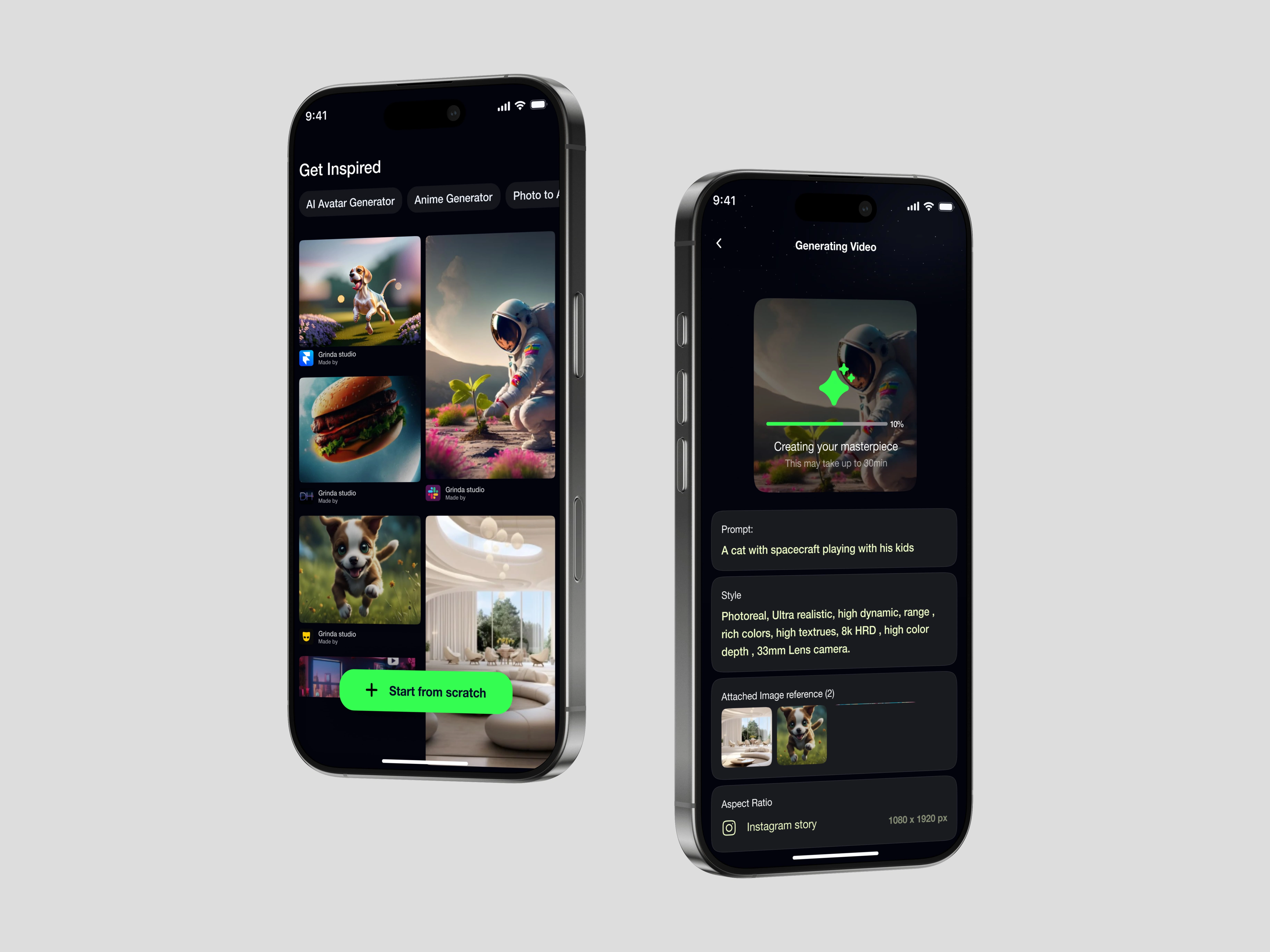 Template gallery screen(Left) and Art generation screen(Right)