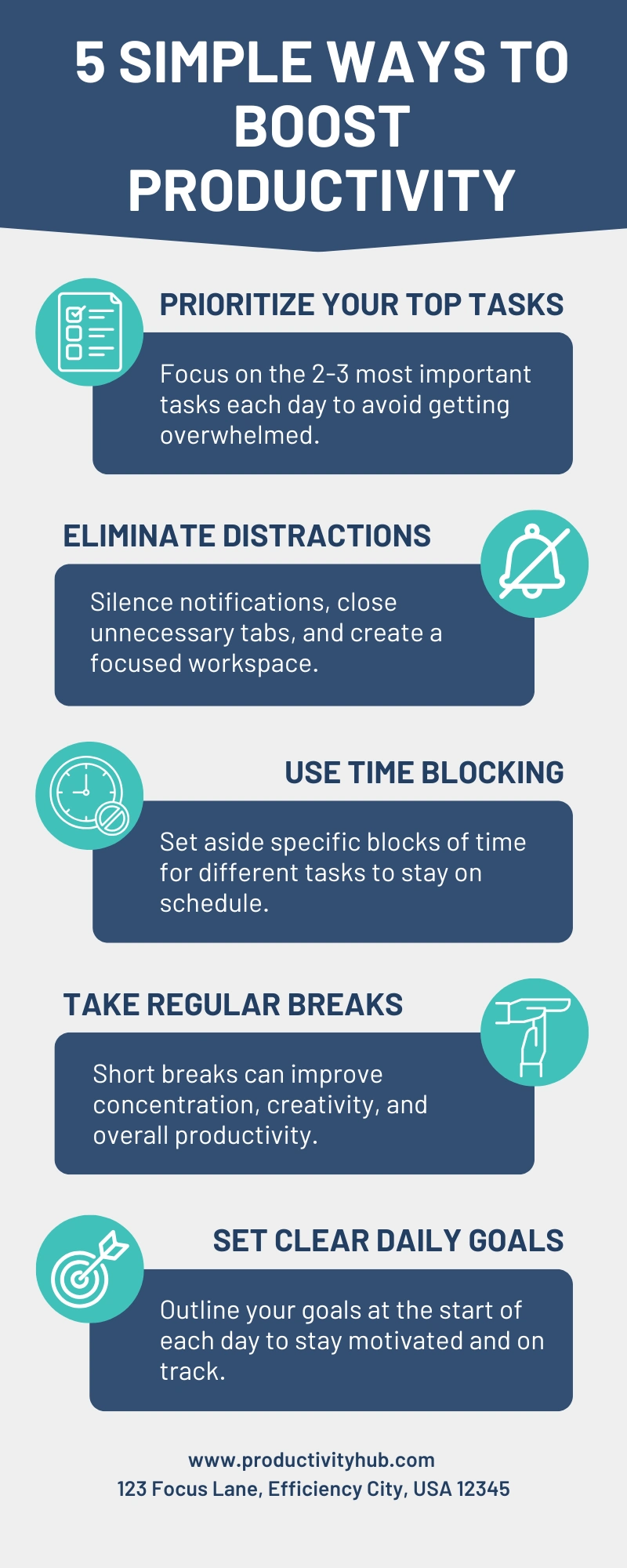 A minimalist, professional infographic created as a sample to demonstrate clean layout, effective visual heirarchy, adn clarity in conveying productivity tips. 