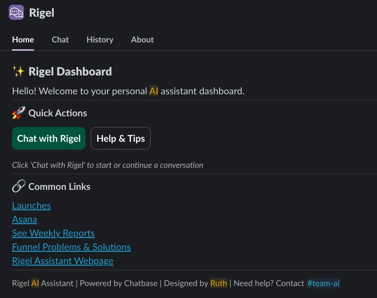 Team members can interact with the chatbot via a Slack dashboard, DM and the ability to tag the assistant into conversations