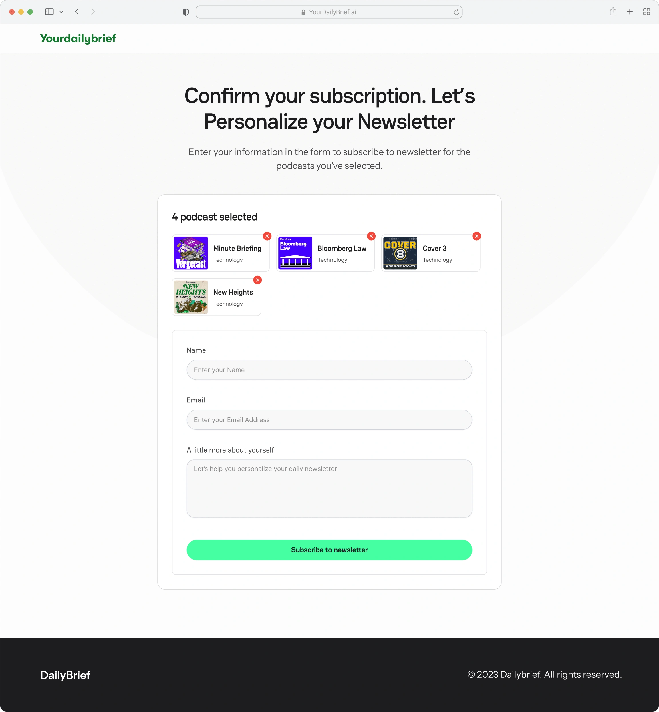 Newsletter Subscription Confirmation Page