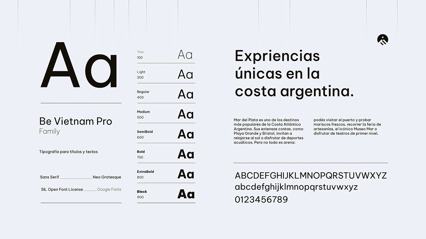 Typographic Clarity: Be Vietnam Pro. For the Eumara brand, we selected the Be Vietnam Pro family for its modern, clean structure and wide range of weights (Thin 100 to Black 900). This typeface ensures maximum legibility and readability across all platforms, which is essential for travel information, booking details, and promotional materials. The typography choice reinforces a brand image that is organized, transparent, and easy to trust.