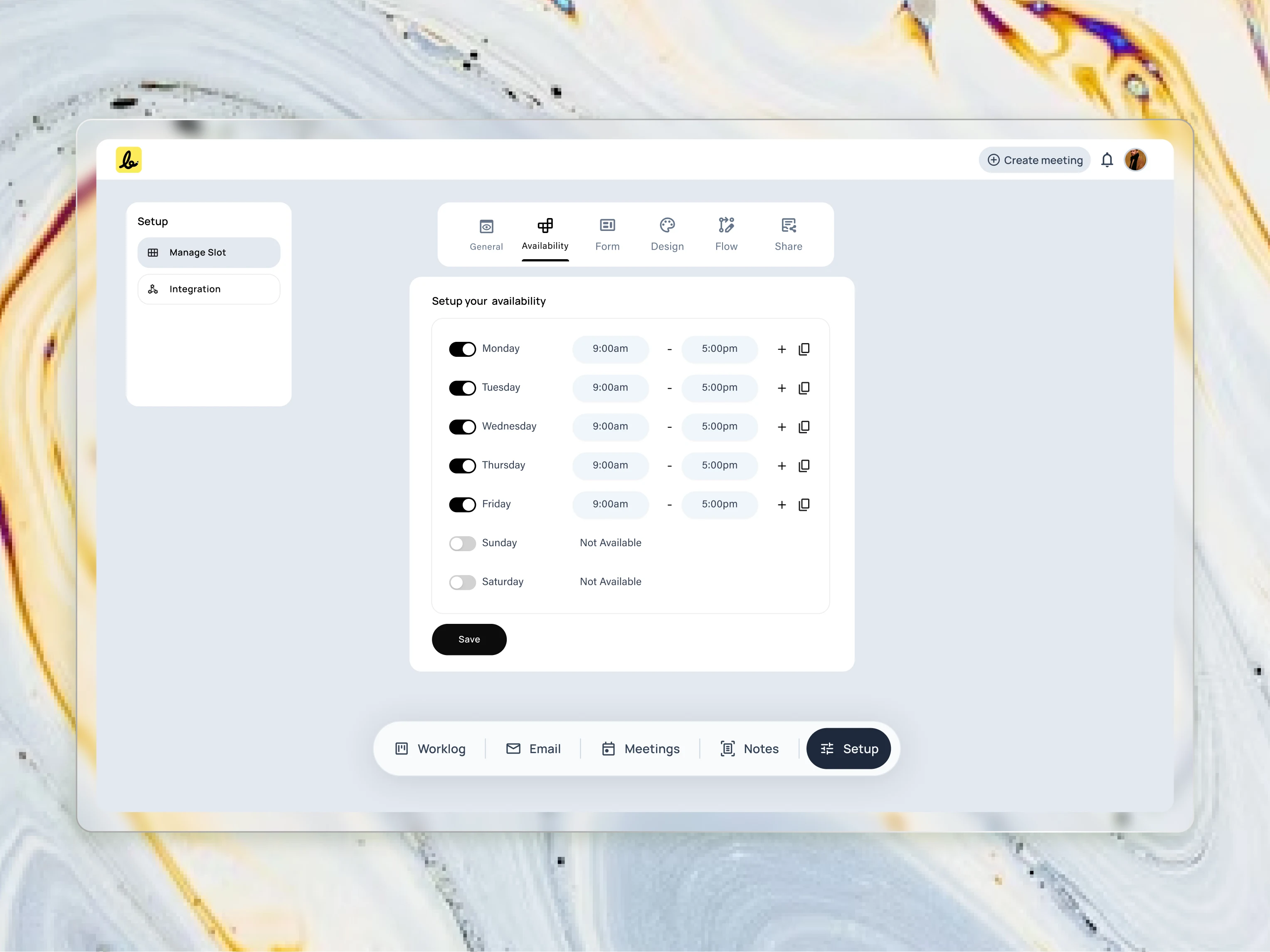 The
 setup process begins with the fundamentals. I designed this clean 
interface to make it effortless for users to define their core 
availability, which powers the entire scheduling engine.