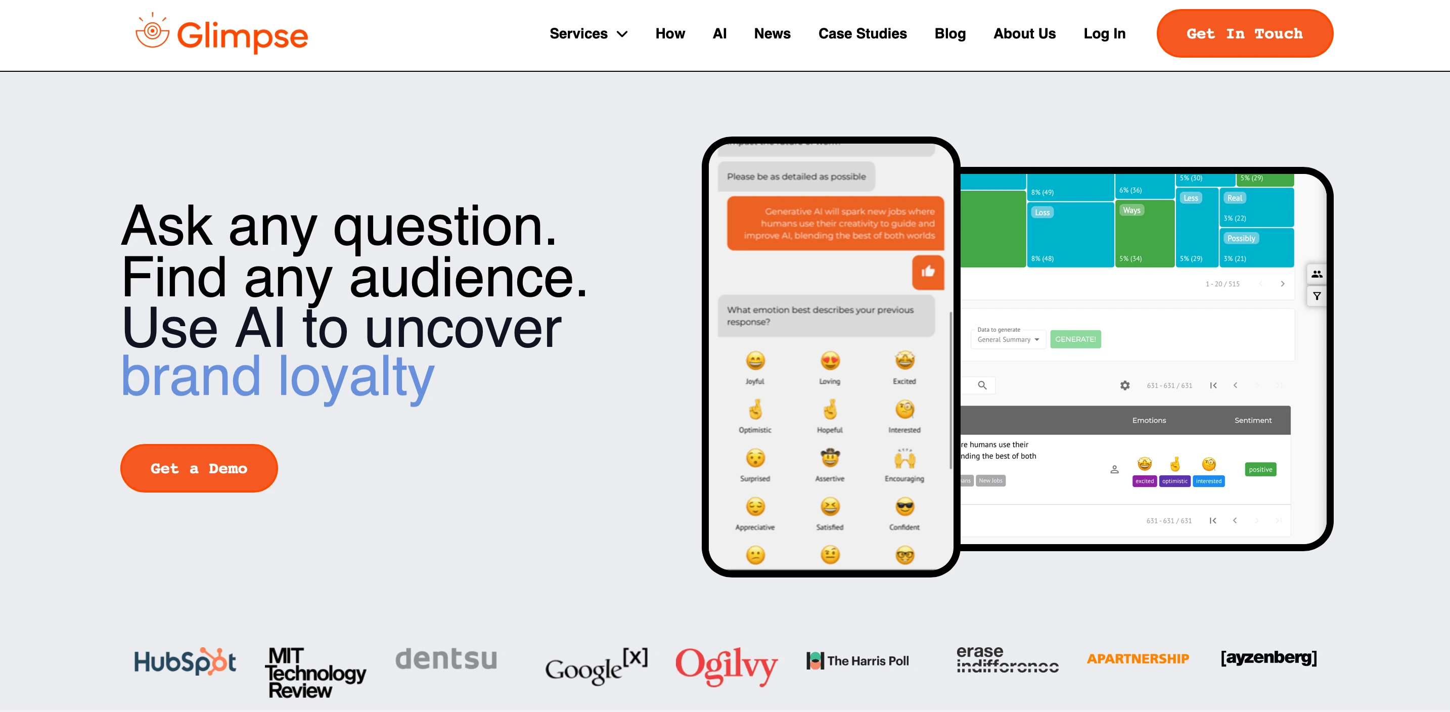 Glimpse's value proposition with automatically cycling header text.
