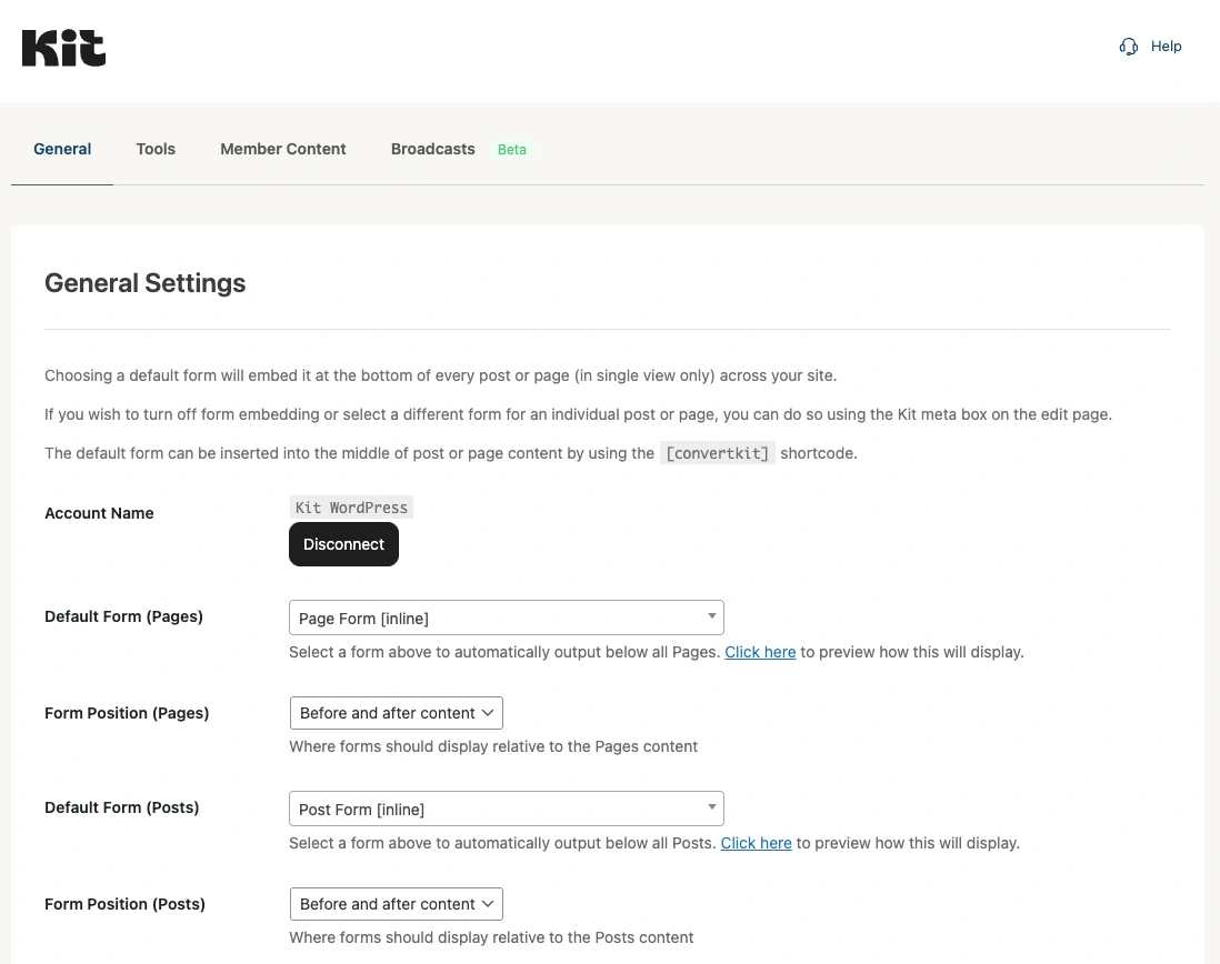 The Kit WordPress Plugin's settings screen.