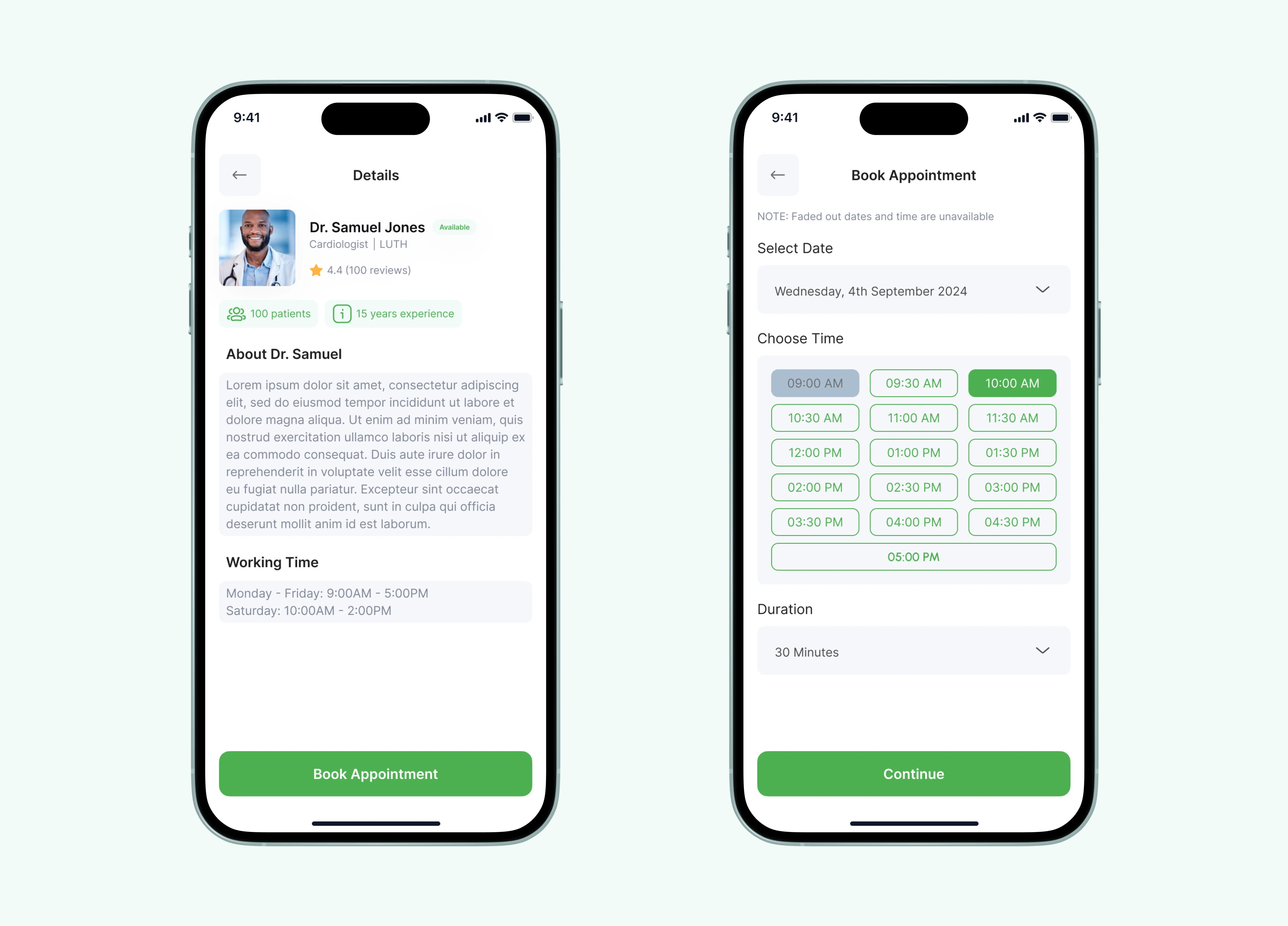 Doctor's Details and Booking Appointment Screens