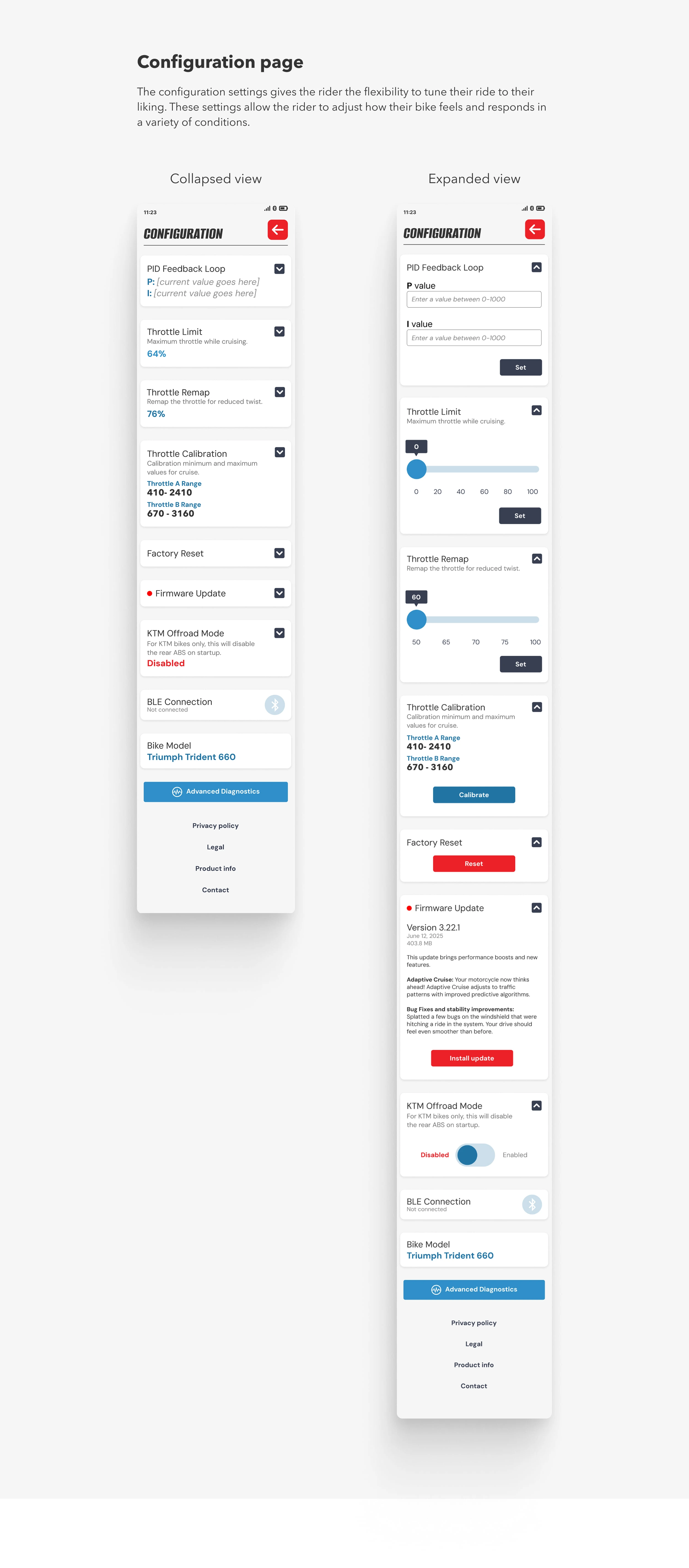 Hifi mockups of the configuration page, collapsed and expanded views.