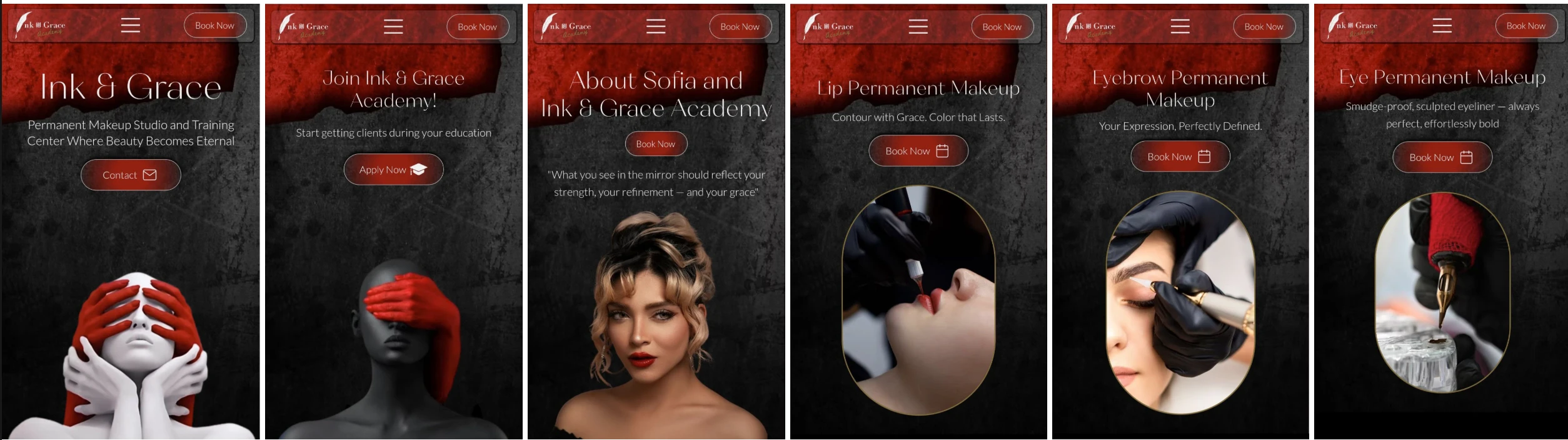 Ink & Grace Academy/ Red and Black Luxury Beauty Website / PMU artist/ Mobile View 