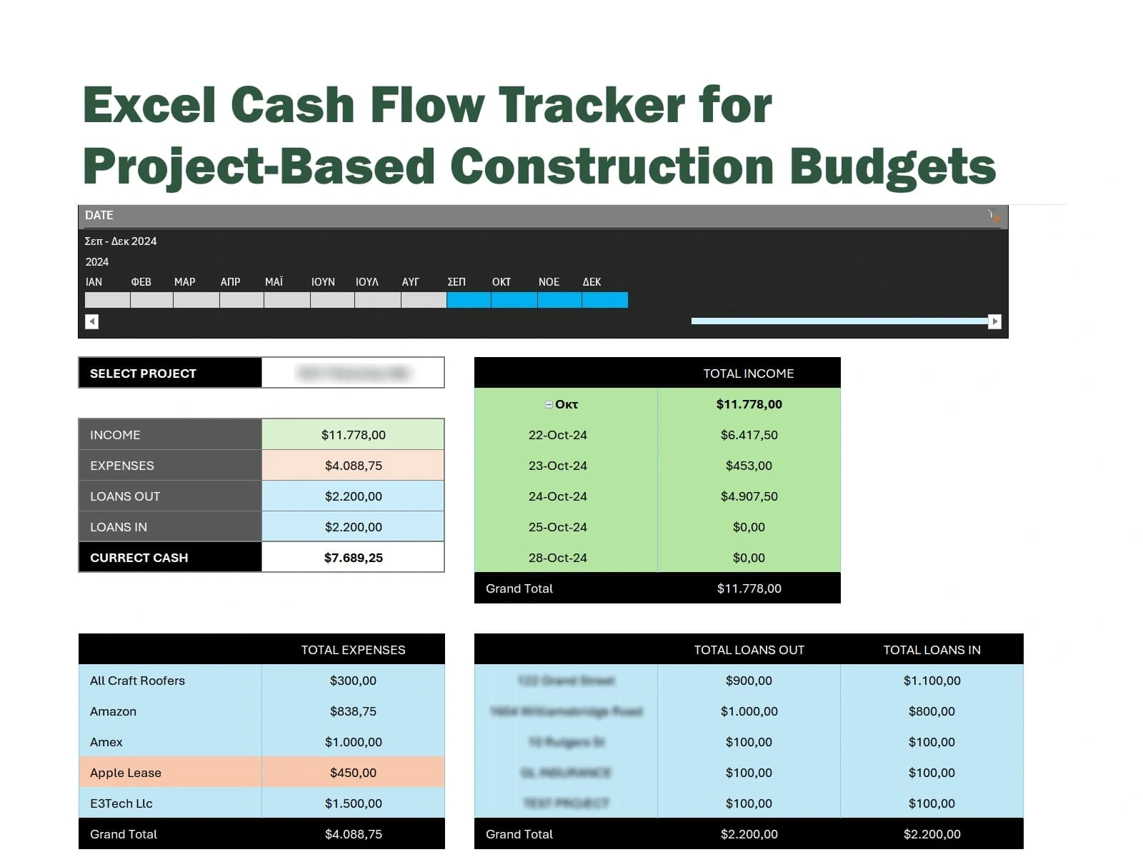 Project-level cash flow dashboard with timeline filter, real-time cash balance, categorized income and expenses, and dual loan register. Built for multi-project environments with visual summaries and fully automated breakdowns.

