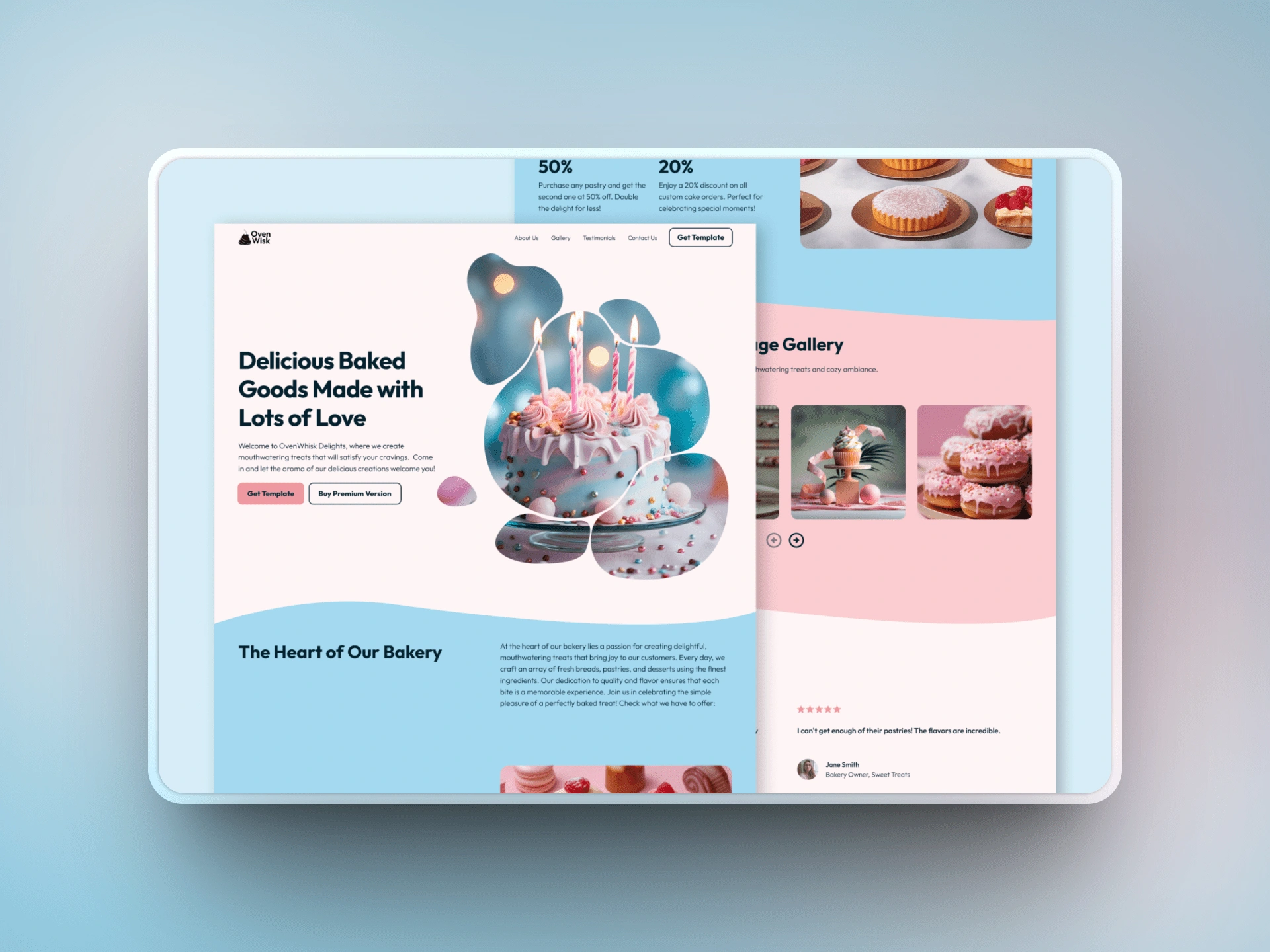 Ovenwisk Delights is a fun bakery template with a playful design, pastel tones, and wavy elements inspired by the textures of desserts.