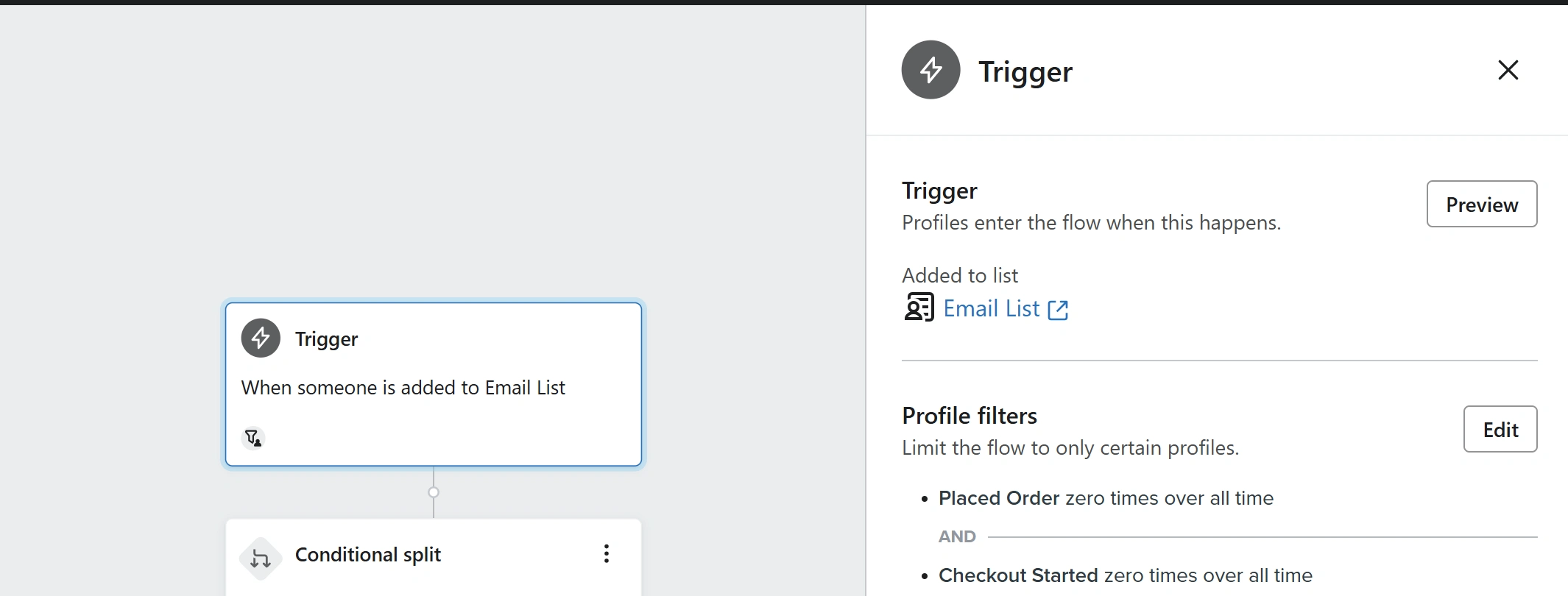 Screenshot of flow trigger and filters to exclude existing customers