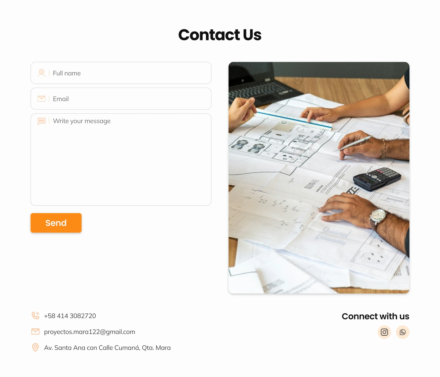 Contact form section + social media links and alternative contact methods.
