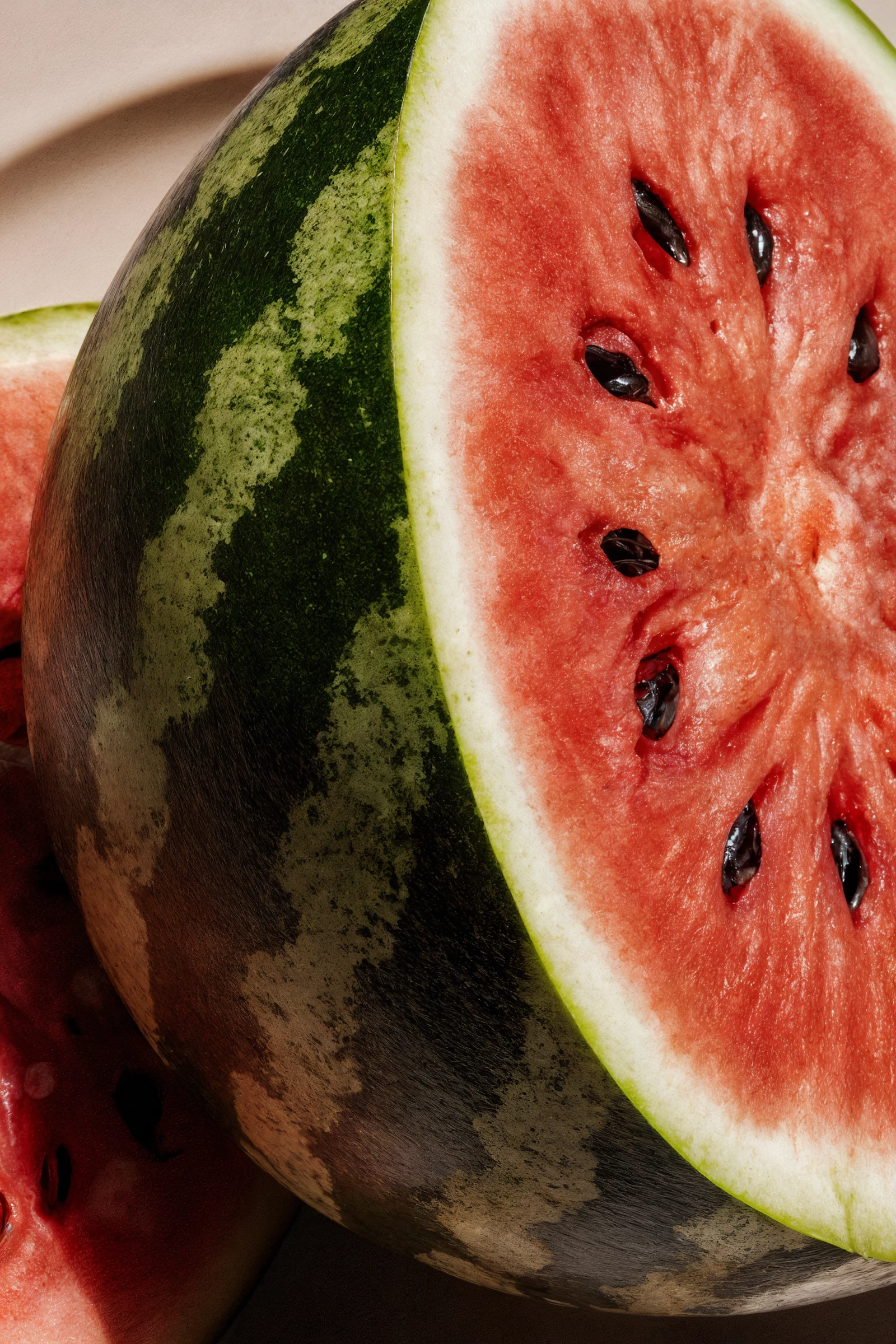 Close-up of a sliced watermelon showcasing its vibrant red flesh, black seeds, and green rind, perfect for summer vibes.

