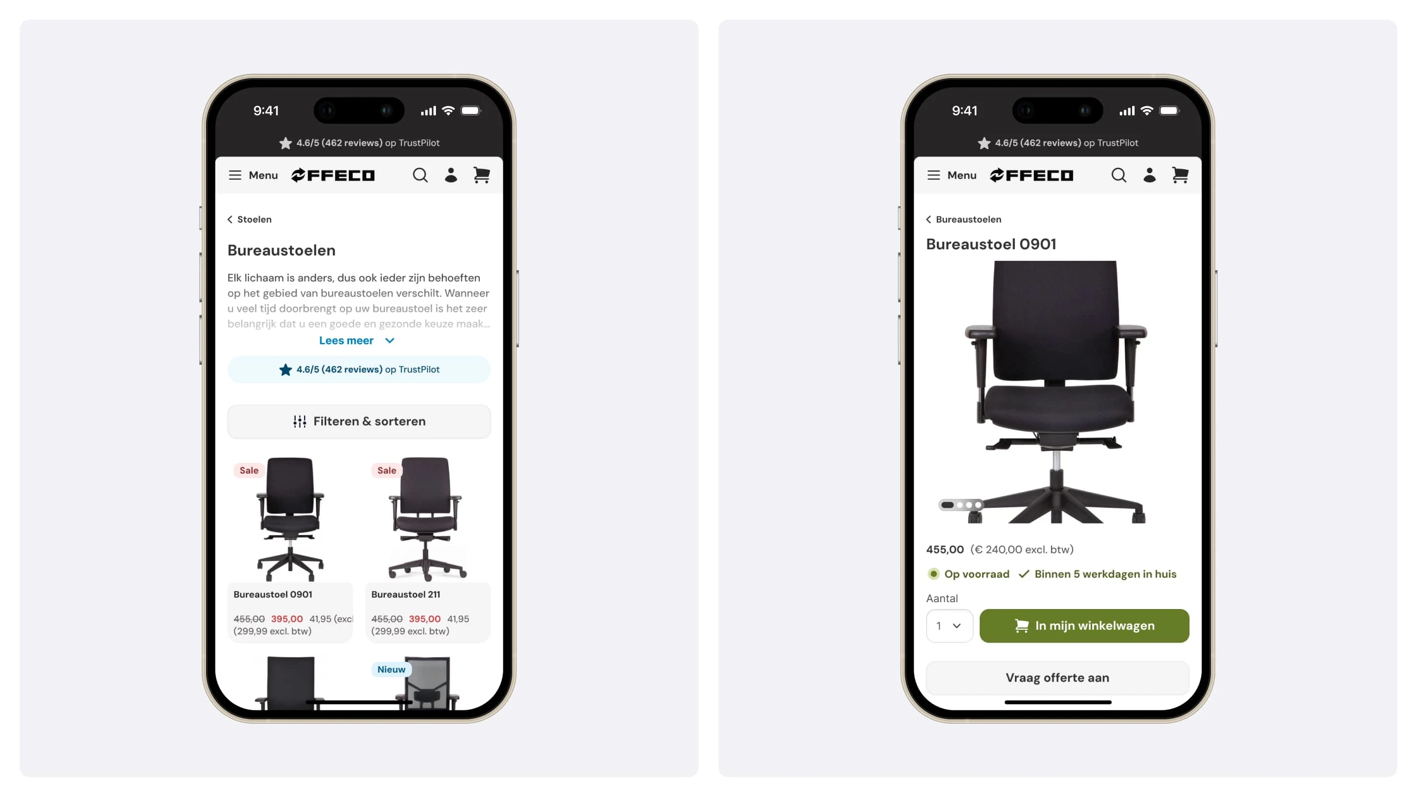 Offeco's product listing and product display pages on mobile