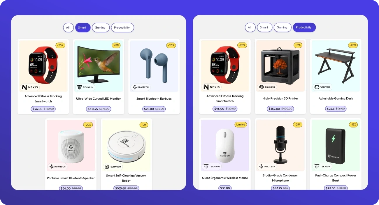 Sample of filtered products in two categories