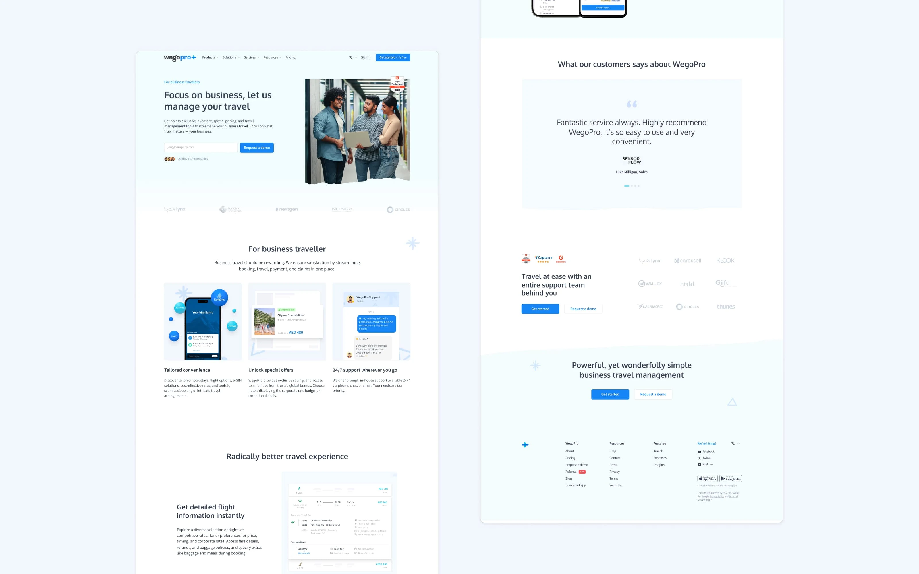 Landing page tailored for business travelers, showcasing effortless booking and travel management.