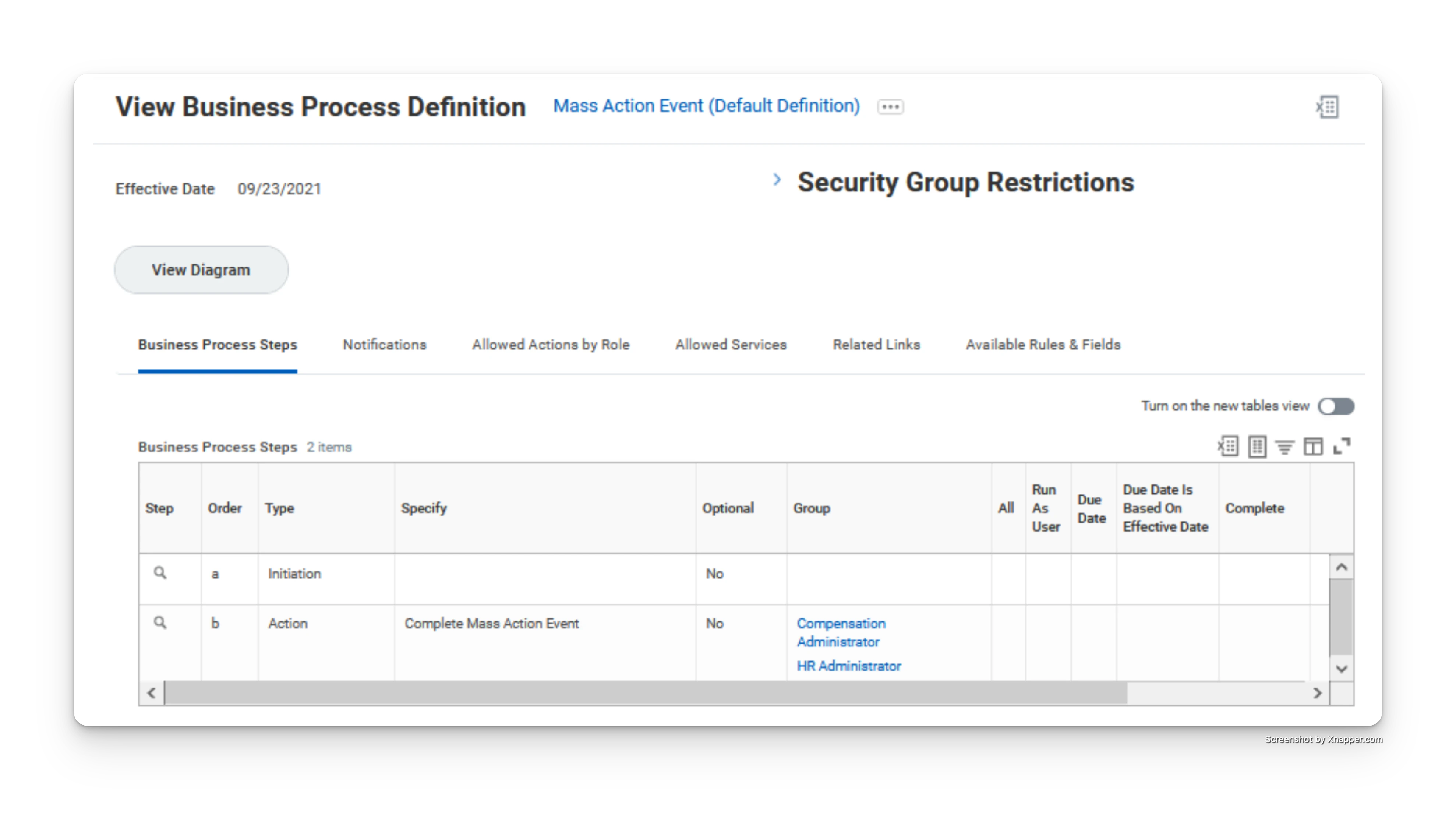 Reorganization mass action business process setup defining roles and security group restrictions