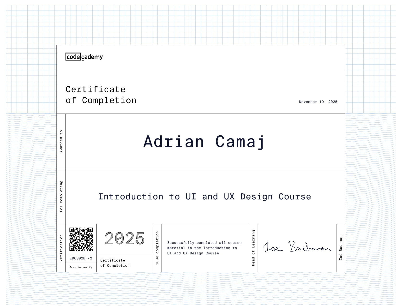 Codecademy Certificate of Completion for Intro. to UI & UX Design Course