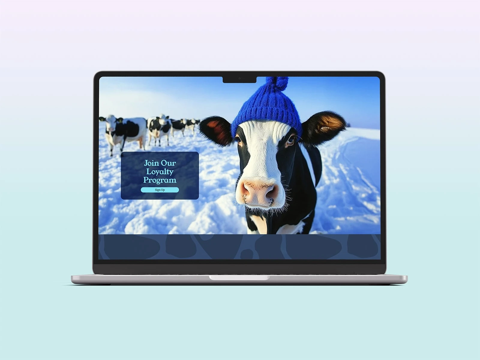 AI imagery created what real photography couldn‘t - a cow comfortably wearing the signature blue cap. This whimsical image perfectly captures the Chilly Cow personality.