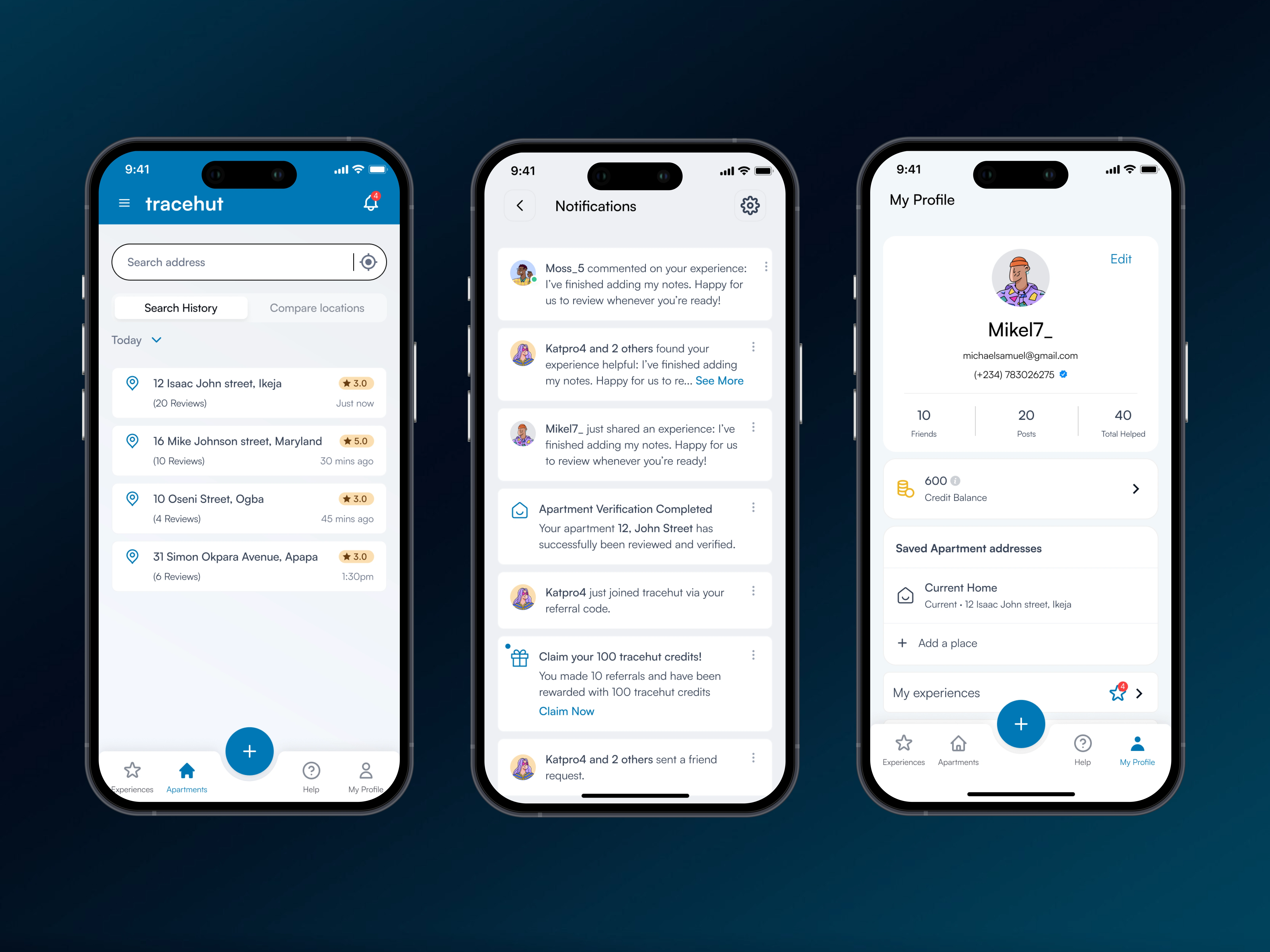 Location search, notifications and profile screens