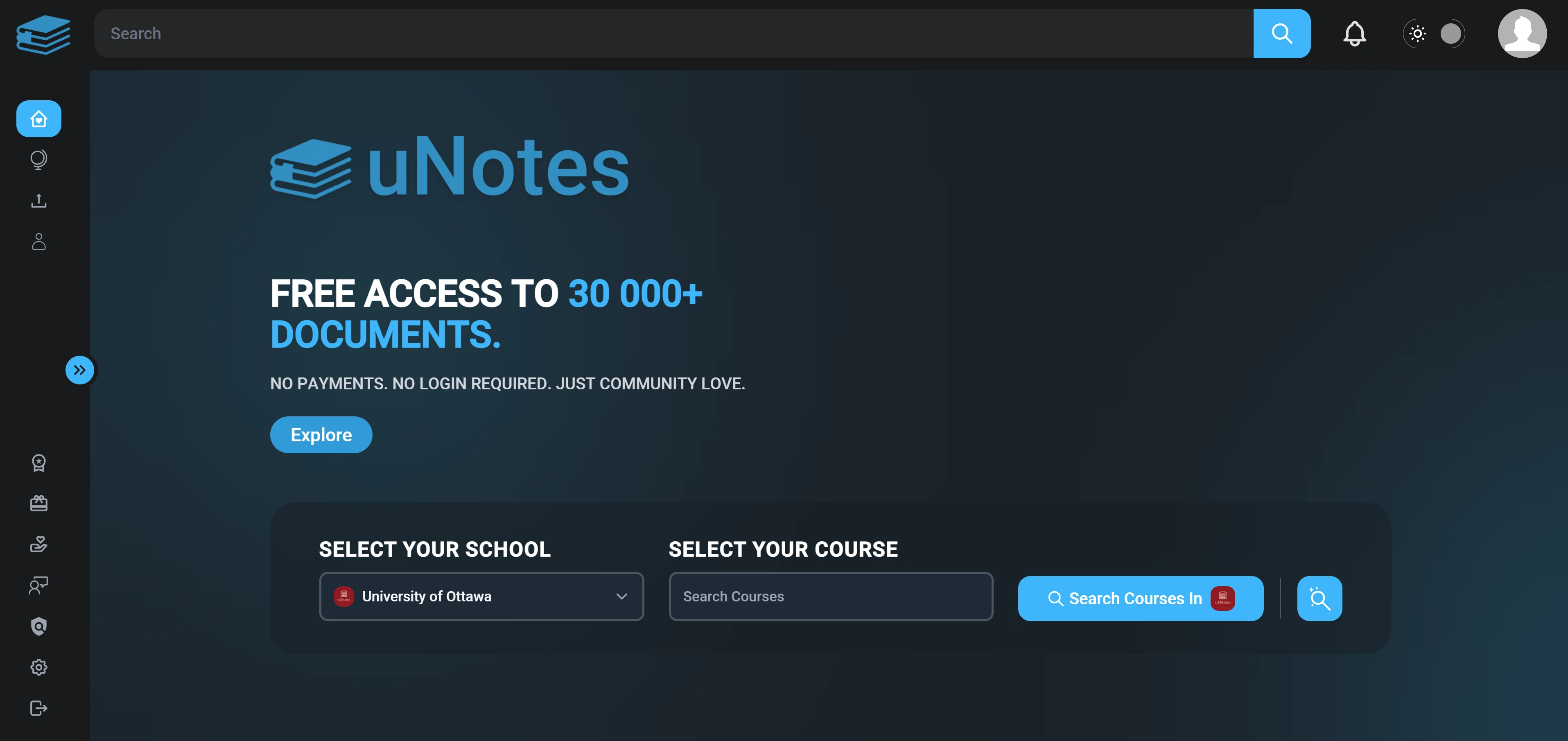 uNotes Main Page (Dark Mode)