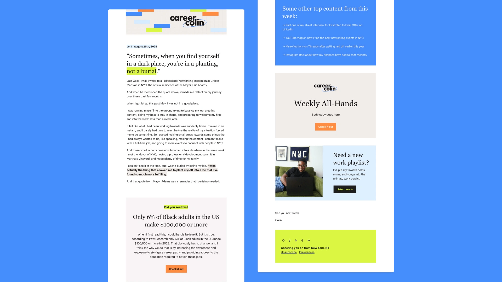 Kit email template for Colin Rocker's brand, Career Colin