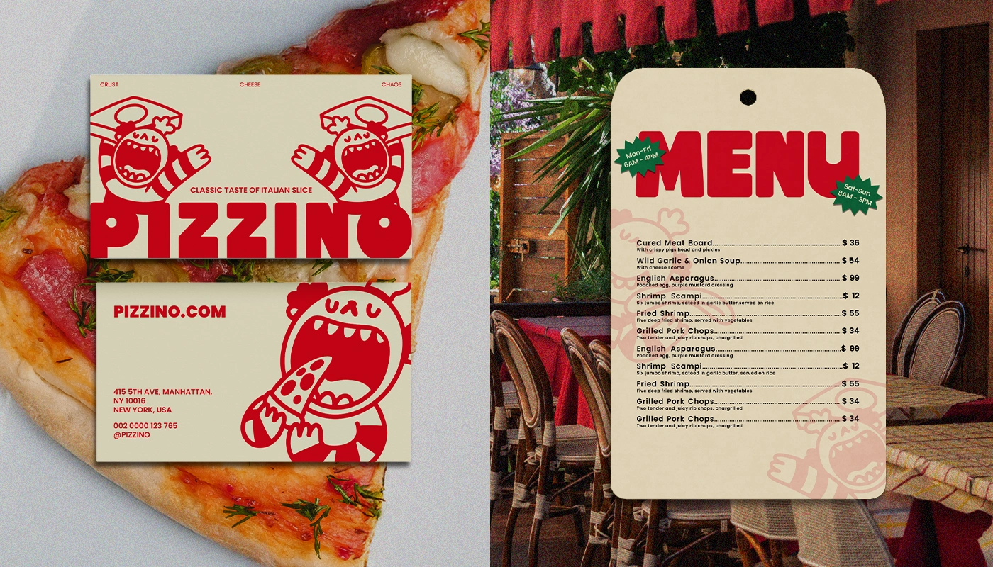 Pizzino business card and restaurant menu in classic red Italian pizza branding.