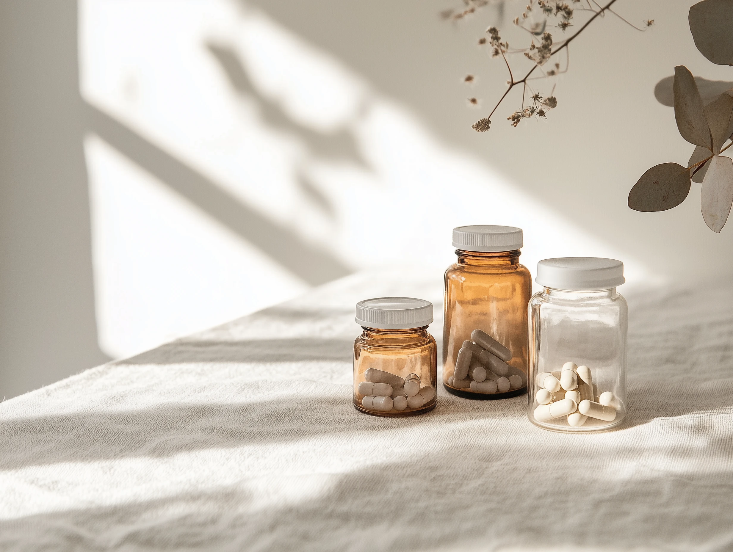 Organic vitamin supplement jars arranged on natural linen cloth. Gentle morning light creating soft shadows and warm atmosphere. Corkscrew Willow color palette with earthy beiges, soft tans, and subtle botanical accents. Professional wellness photography with clean composition highlighting natural ingredients and holistic lifestyle. Negative prompt: clinical setting, medical equipment, laboratory vials, artificial lighting, chemical appearance, sterile environment, pharmaceutical styling, cold colors