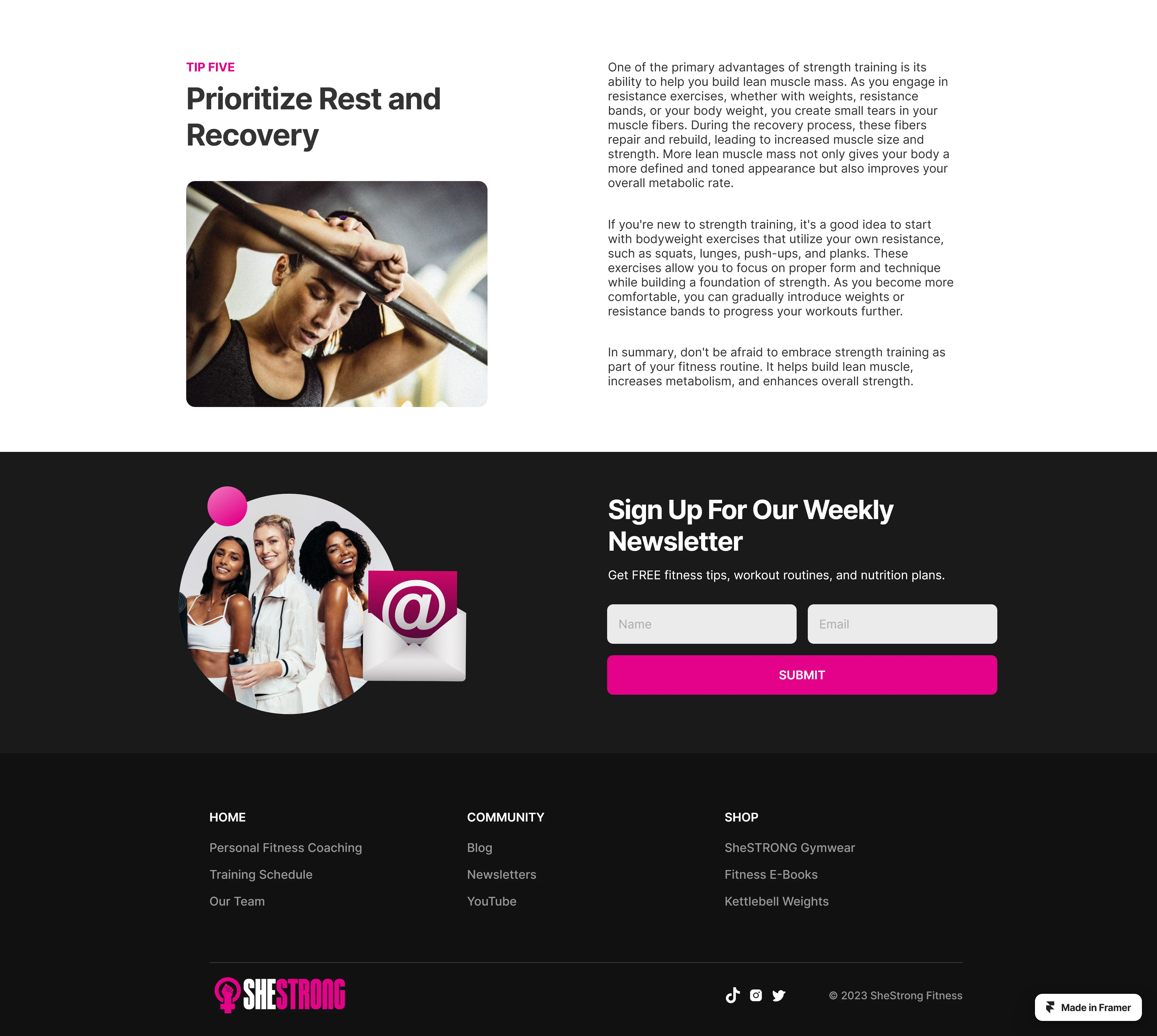The footer sections include a prompt to join the SheSTRONG Weekly Newsletter, and a sitemap to other pages on our website. 