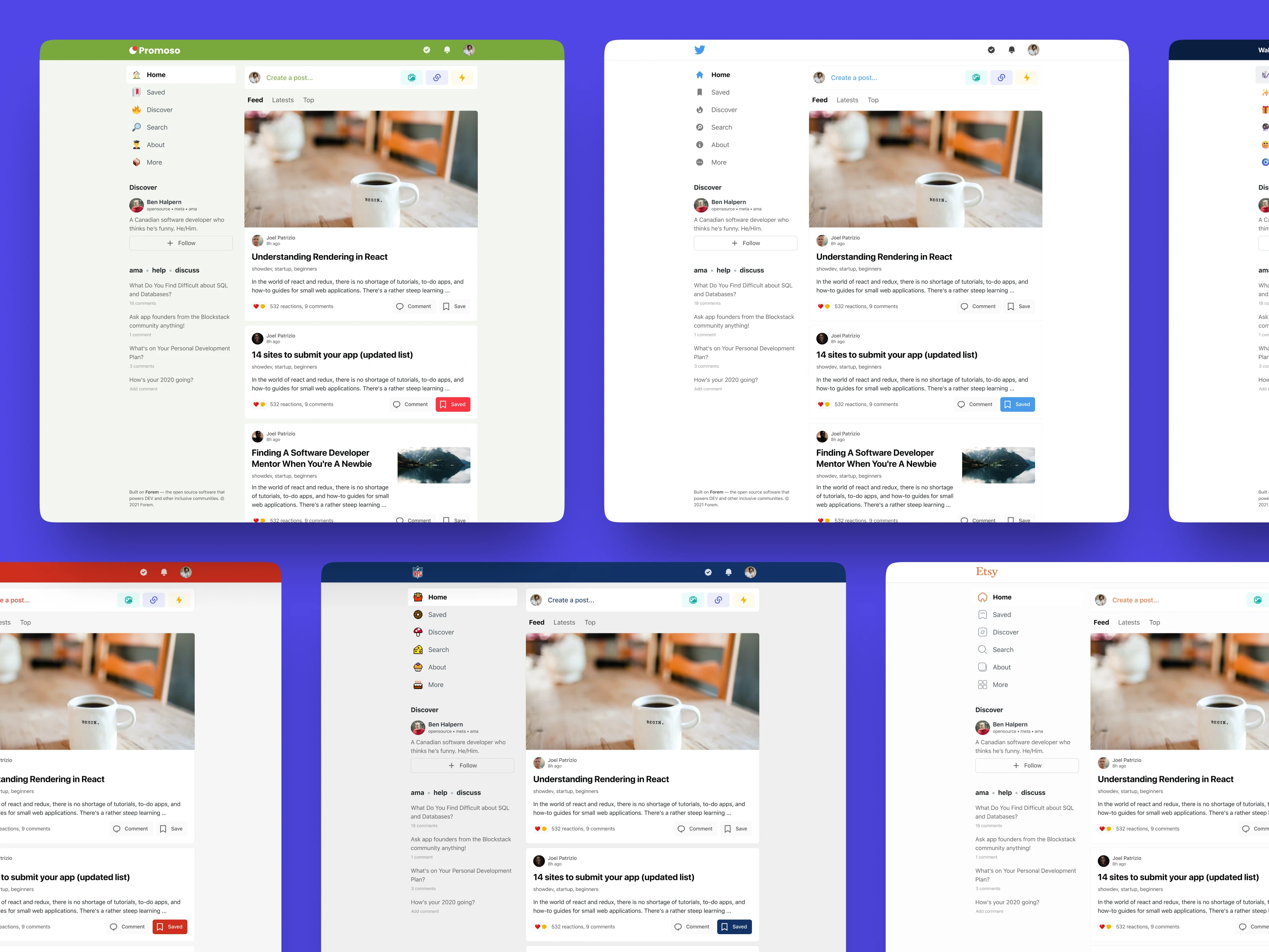 Designed and built simple & flexible design system allowing for easy theme customization for multiple social networks.