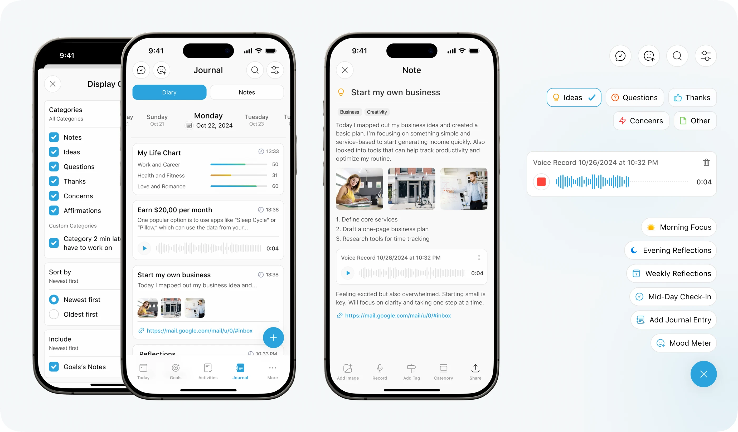Journal Section: Enhanced with mood tracking and voice notes.
