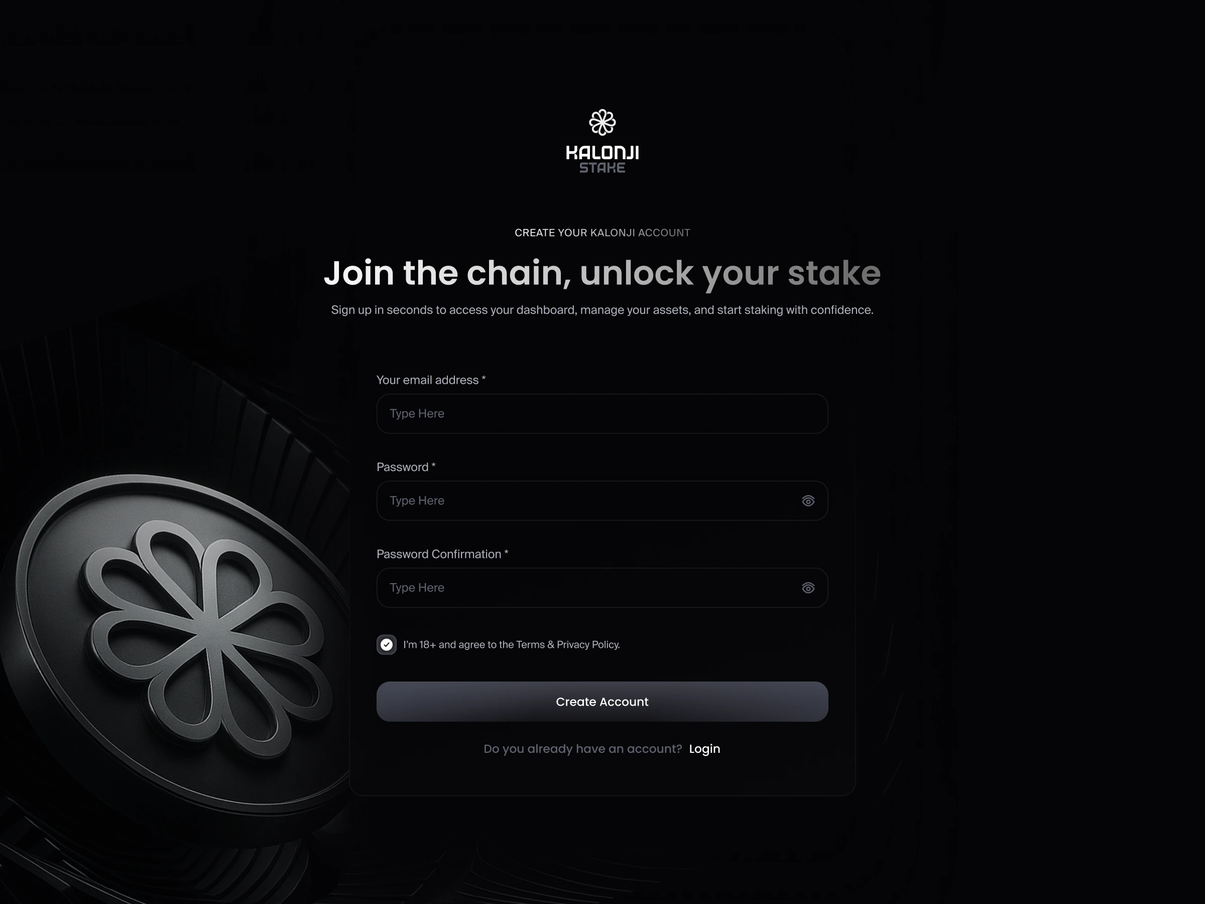 Registration screen for Kalonji Stake — designed to create trust, minimize friction, and invite users into staking within seconds.