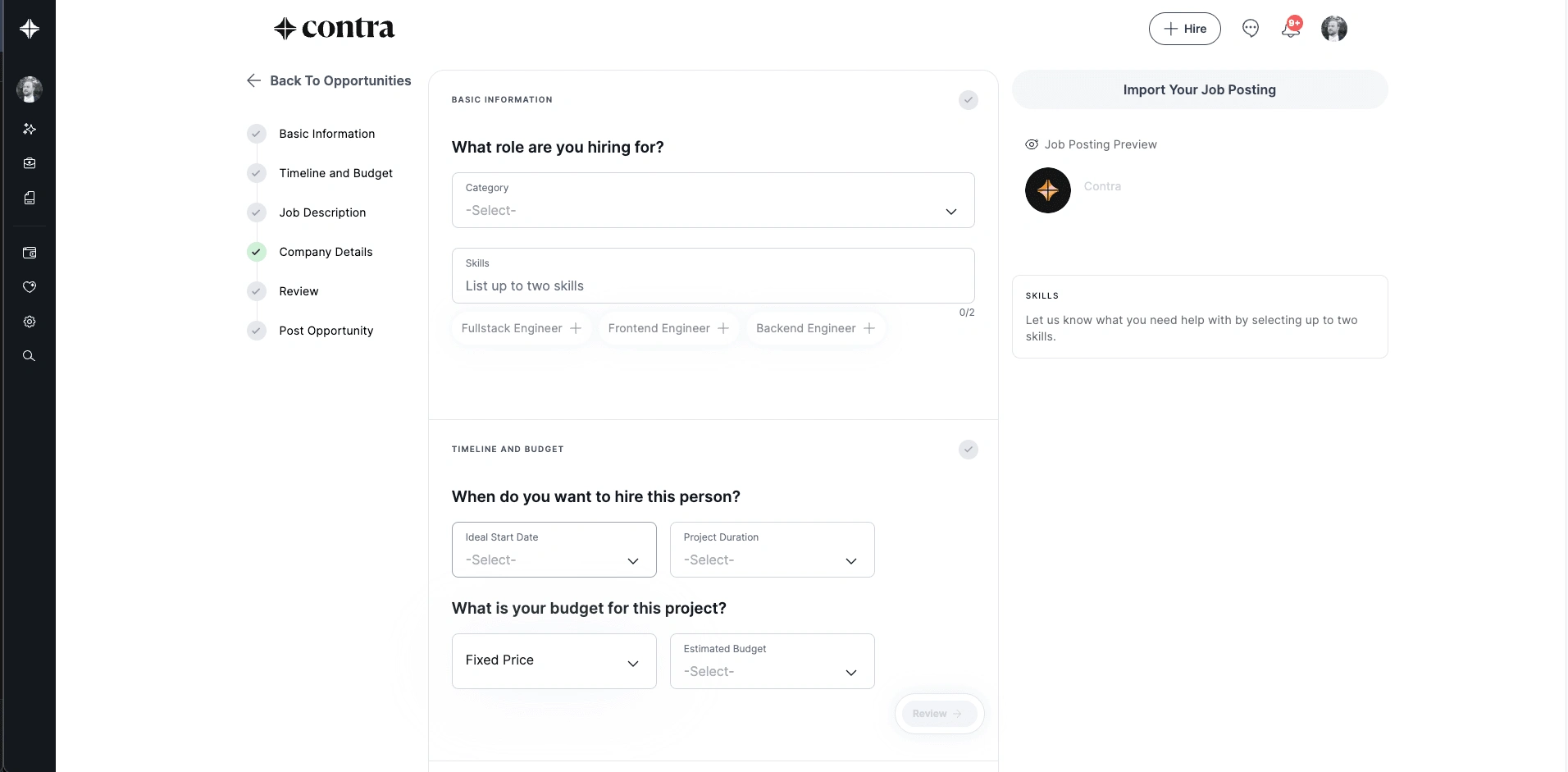 Single-page job creation form