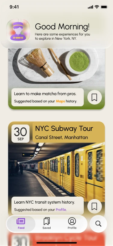 A personalized feed of activities and events based on user location, interests, and other preferences - including linked accounts.