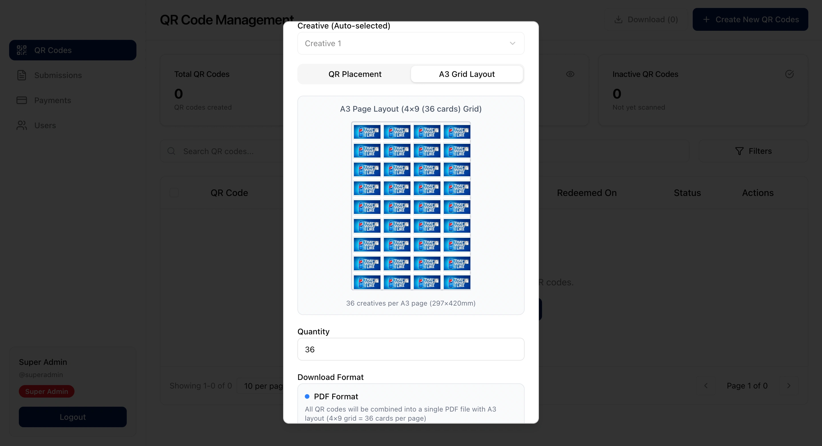 Dashboard | Admin | Printing layout