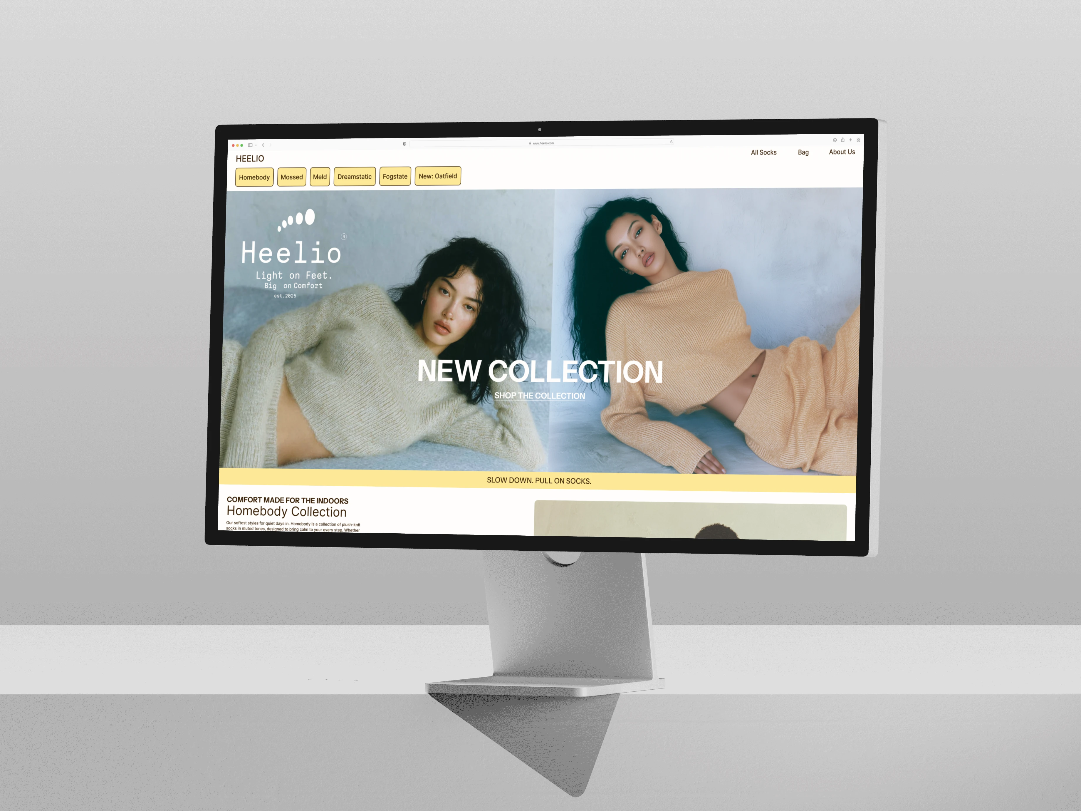 Heelio is a socks and pajama brand focused on comfort and calm living. I created the full visual identity, including the logo, color palette, and brand style, and designed their Shopify homepage using Figma and Instant.
